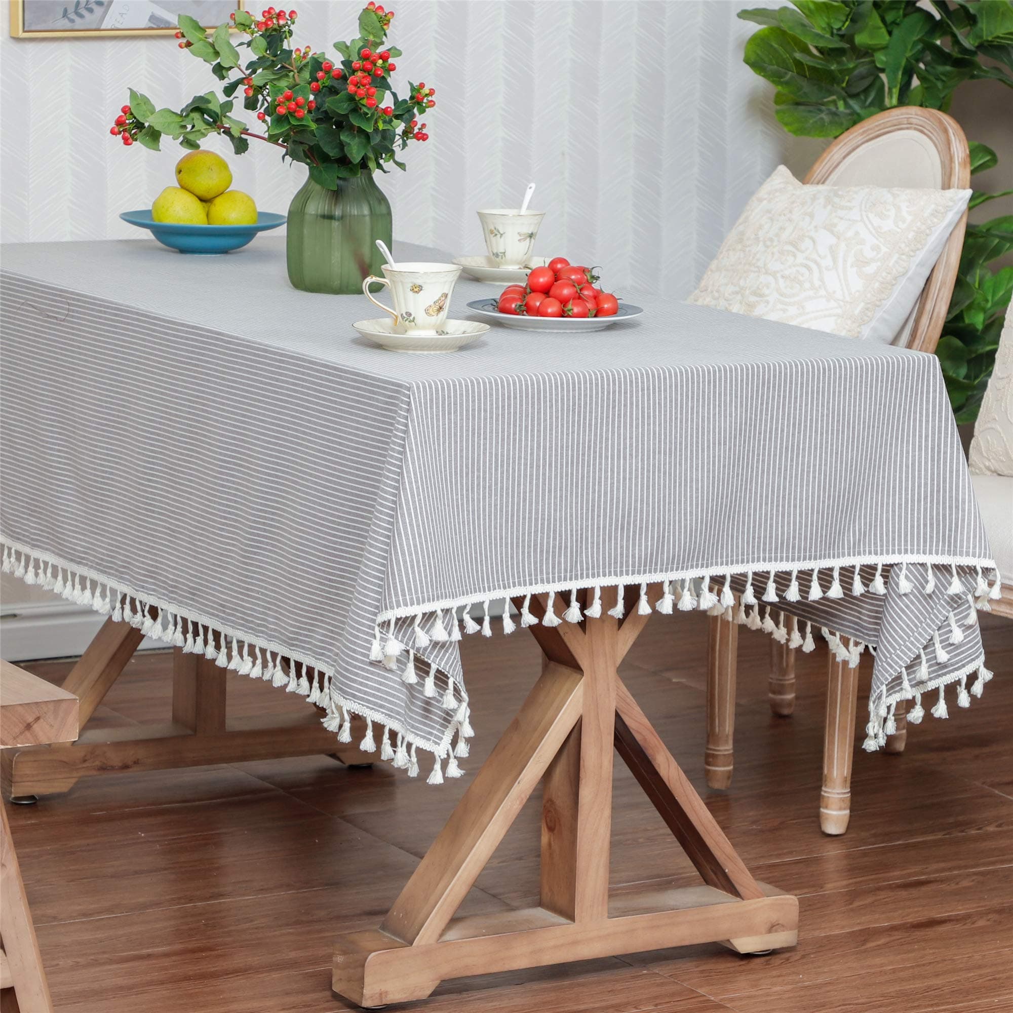 LUCKYHOUSEHOME Coffee and White Stripe Tassel Rectangular Tablecloth Cotton Linen Rural Home Kitchen Dinning Tabletop Table Cover 55 x 71 Inch
