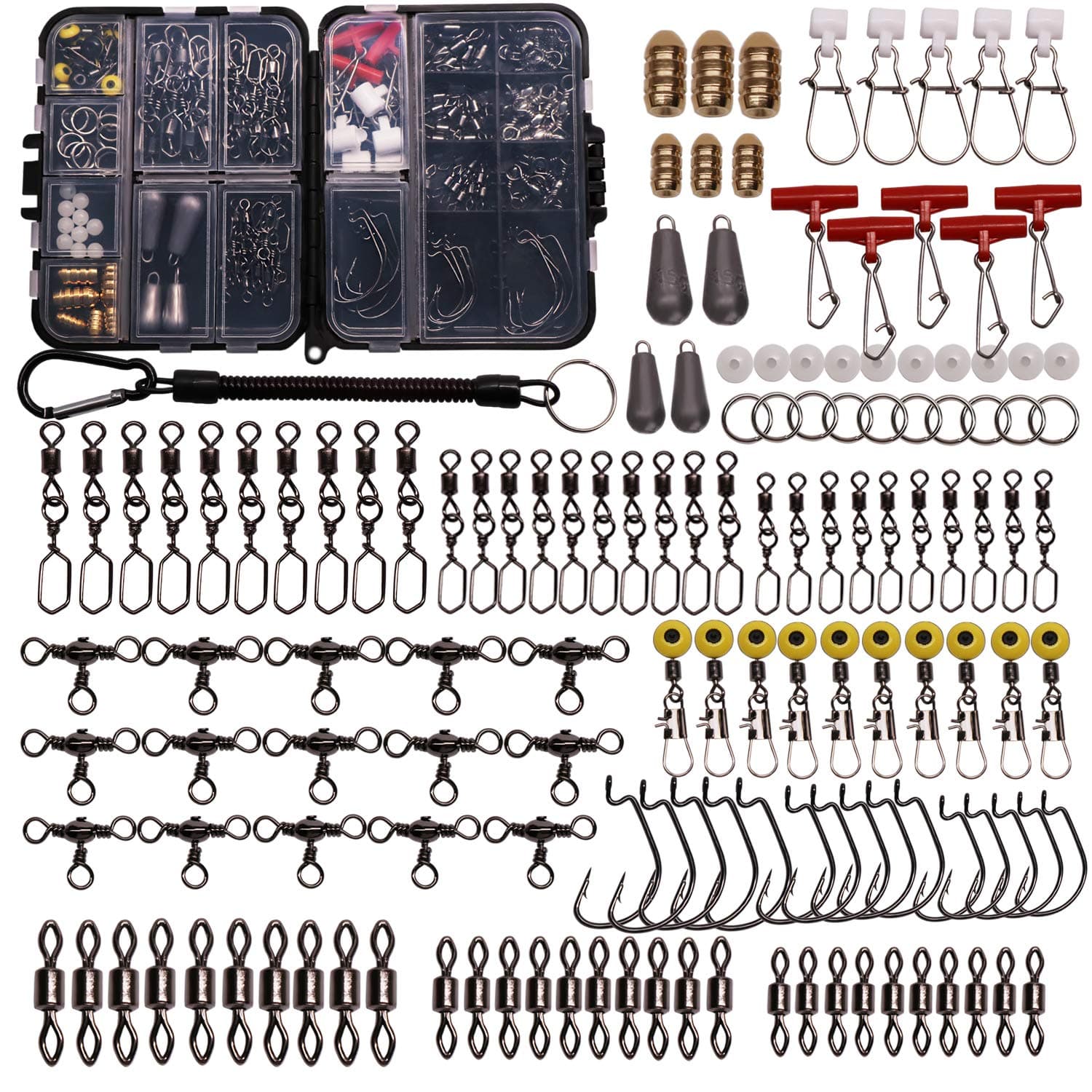 Fishing Accessories Kit with Hooks, Bass Casting, Sinkers, Swivels, Snaps, Sinker Slides, Line Beads, Fishing Set with Tackle Box Lanyard