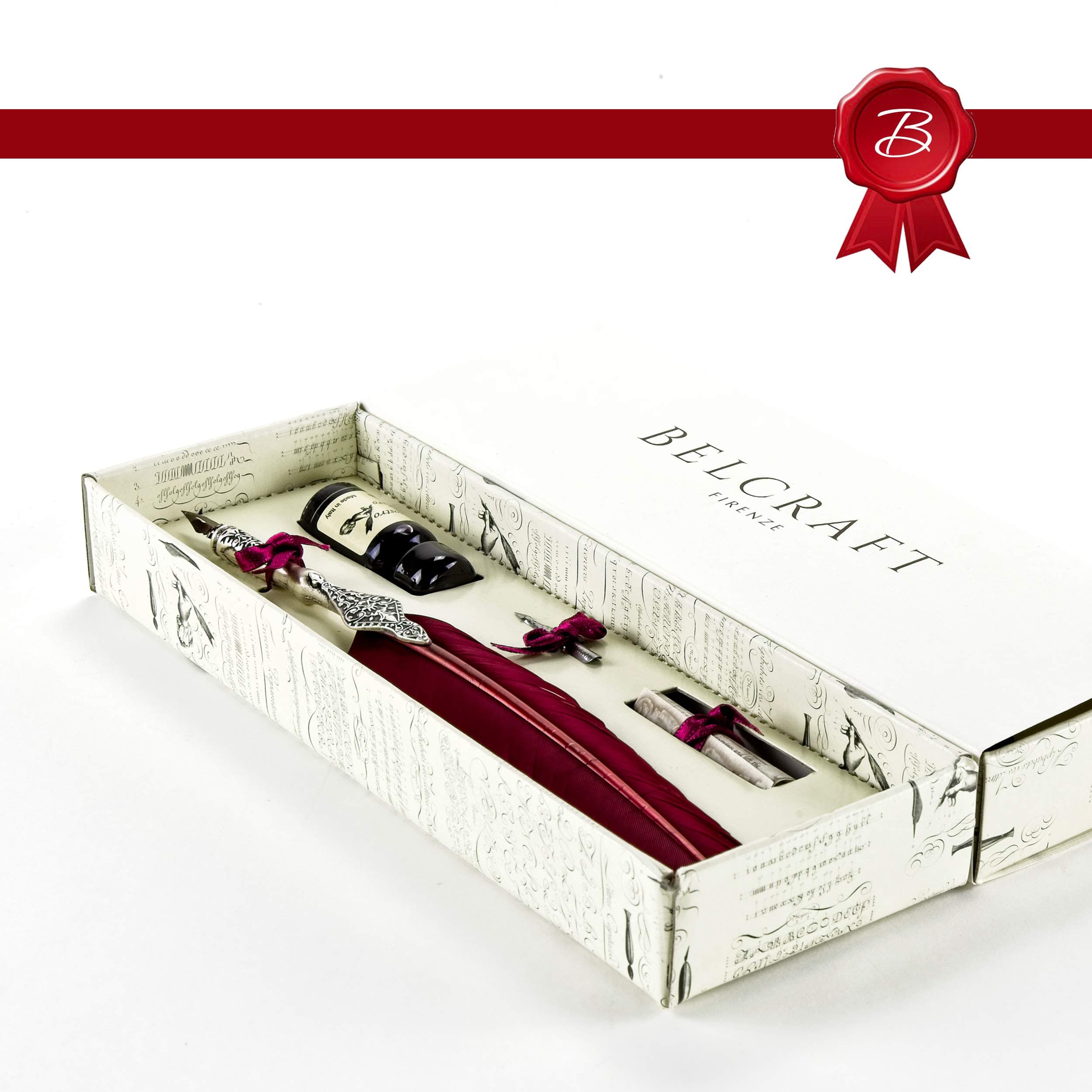 Belcraft Babilonia Large Writing Set Feather Pen Bordeaux, Quill Pen Set, Handmade Classic Italian Style, Including Special Box