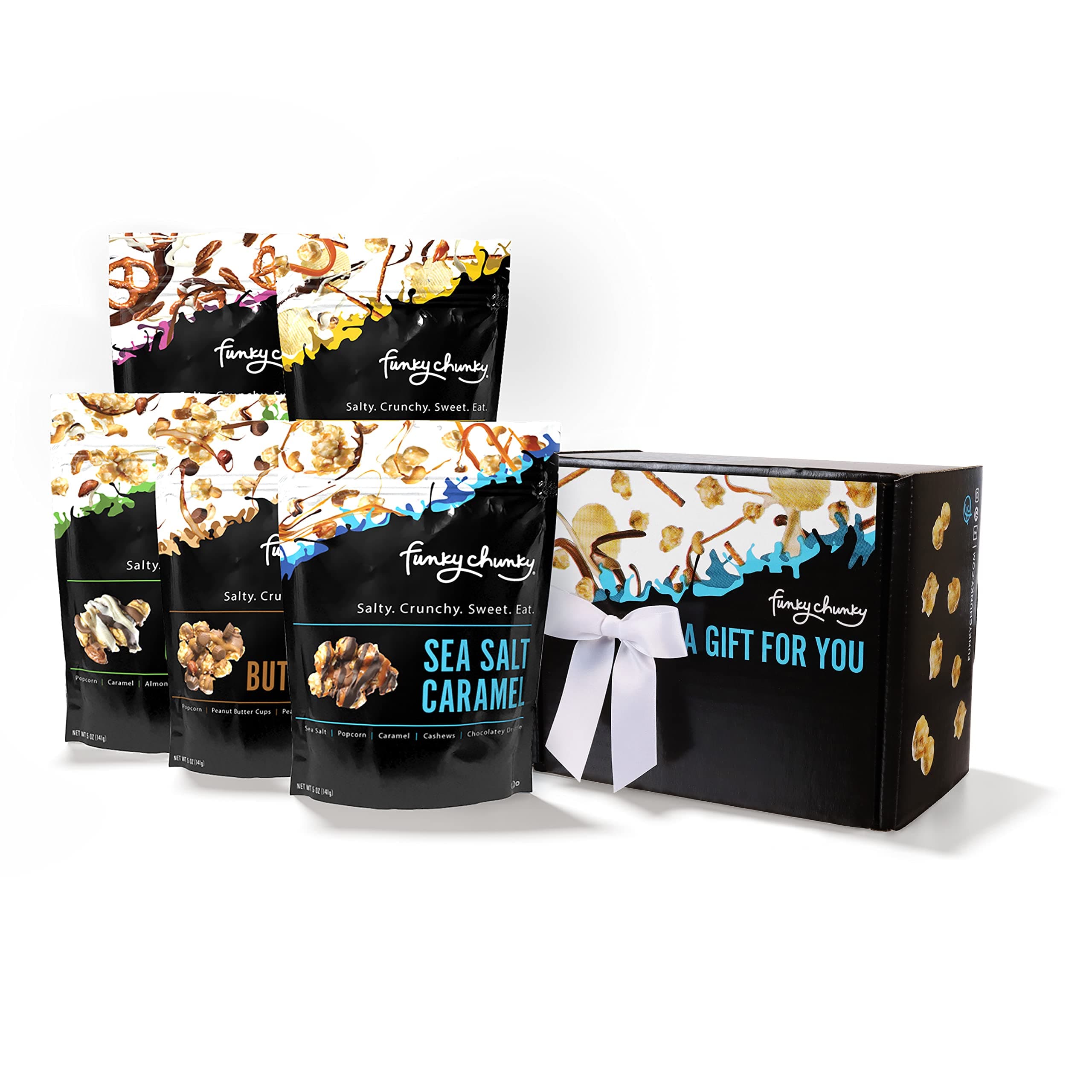 Funky Chunky Variety Pack Gourmet Popcorn Samples With All 5 Flavors: Sea Salt Caramel, Nut Chocolate, Peanut Butter Cup, Chip Zel Pop And Chocolate Pretzel,