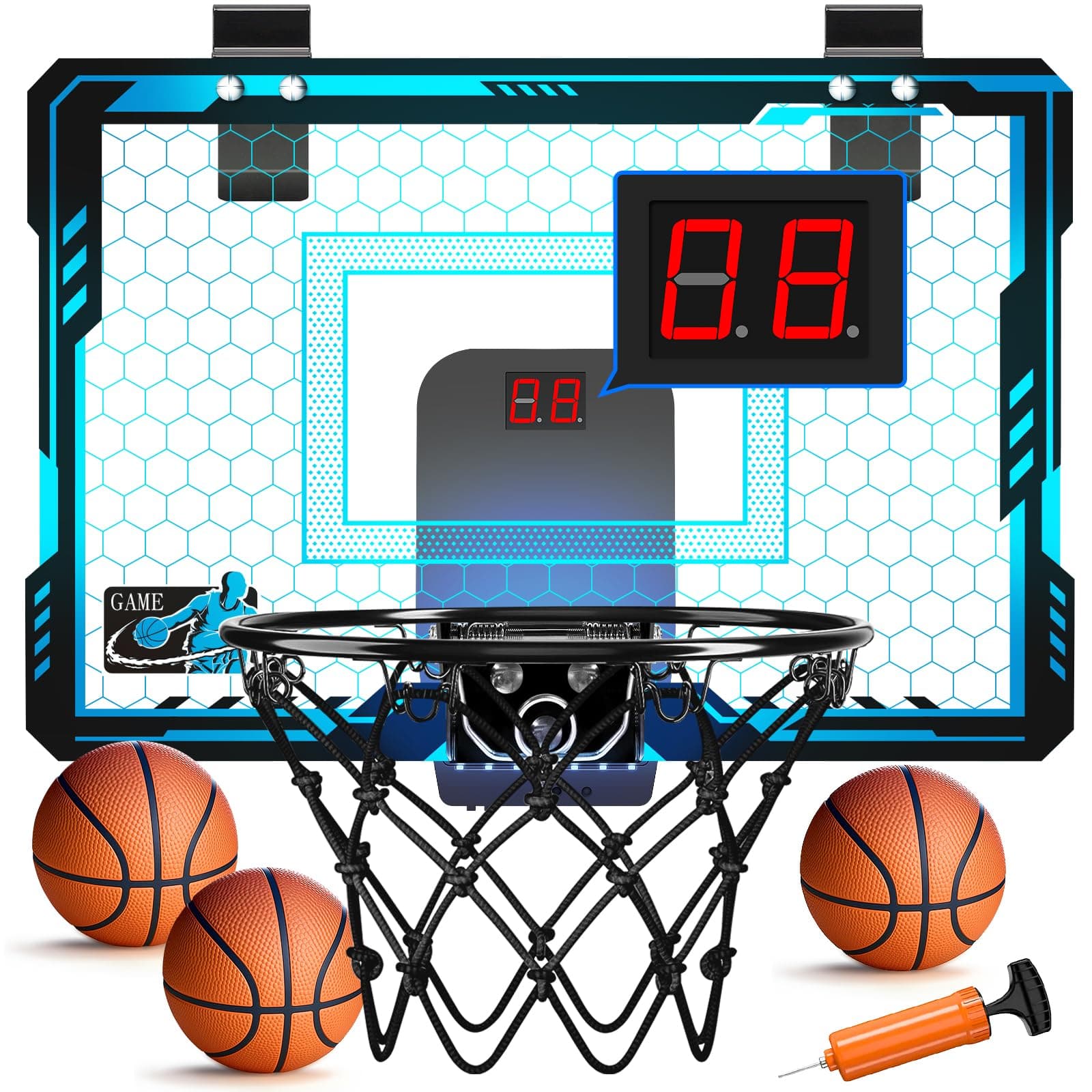 Mini Basketball Hoop Indoor with 7 Colors LED Lights | Over The Door Basketball Hoop with Scorer and Batteries | Door Basketball Hoop for Room Toy Basketball Set for Boys Girls Teens Adults