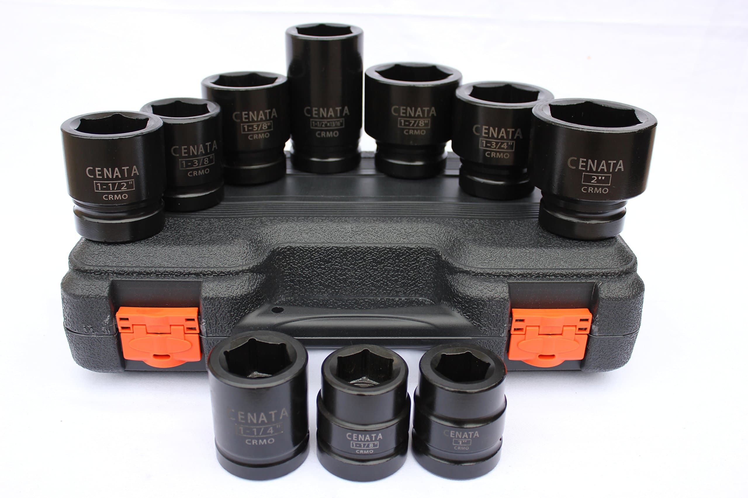 Cenata YM8076 RIGID 10-Piece 1-Inch Drive 6-Point SAE CHROME-MOLY Heavy Duty Impact Socket Set Features High Visibility Laser-Etched Markings, Black Phosphate Finish, Meet or Exceed ANSI Standards, Package in a durable blow-molded storage case