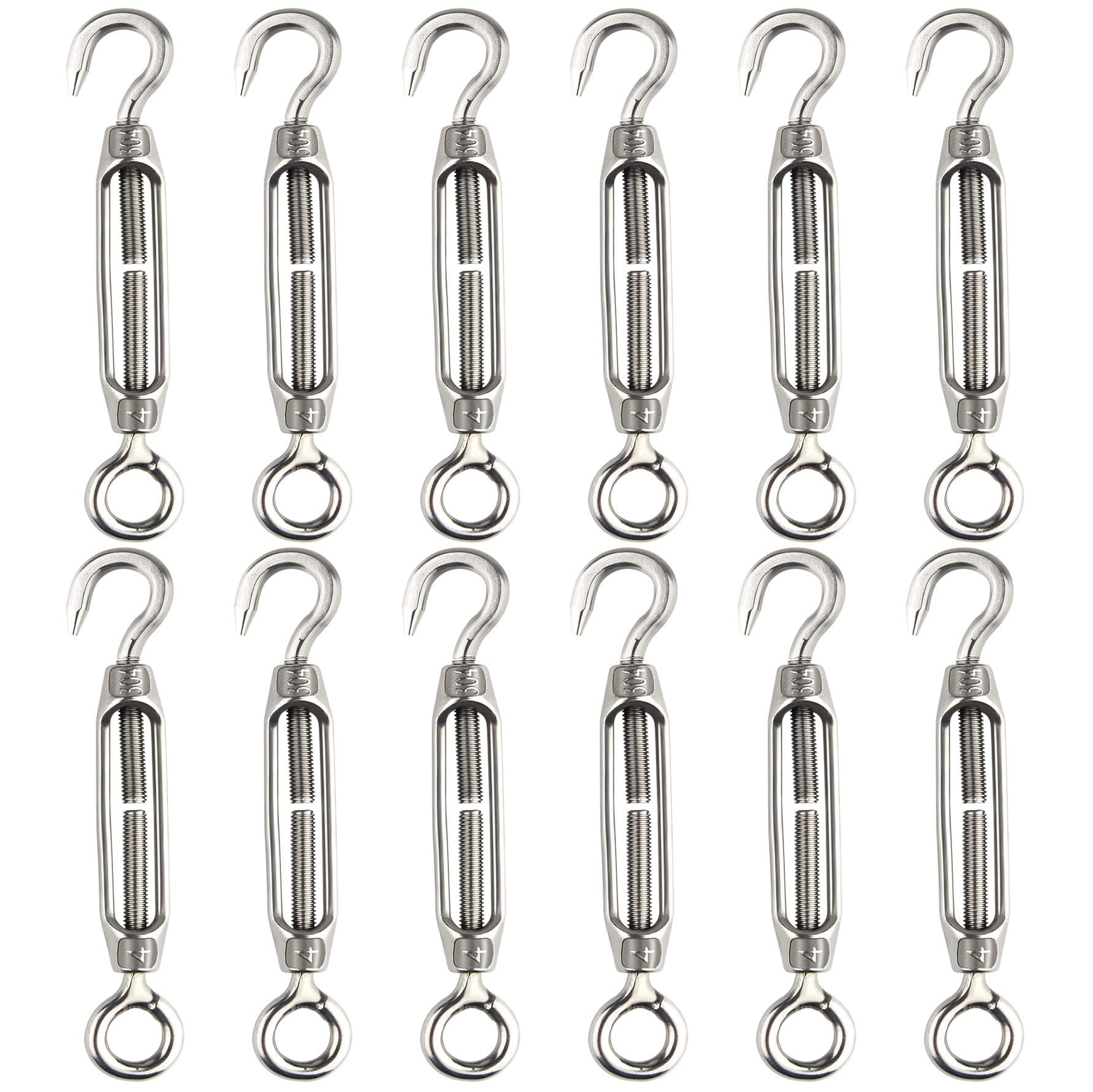 CHRORINE 12 Pcs Turnbuckle Wire Tensioner M4 Hook and Eye Turnbuckle Tensioner 304 Stainless Steel Tensioners Rope Tension Heavy Duty
