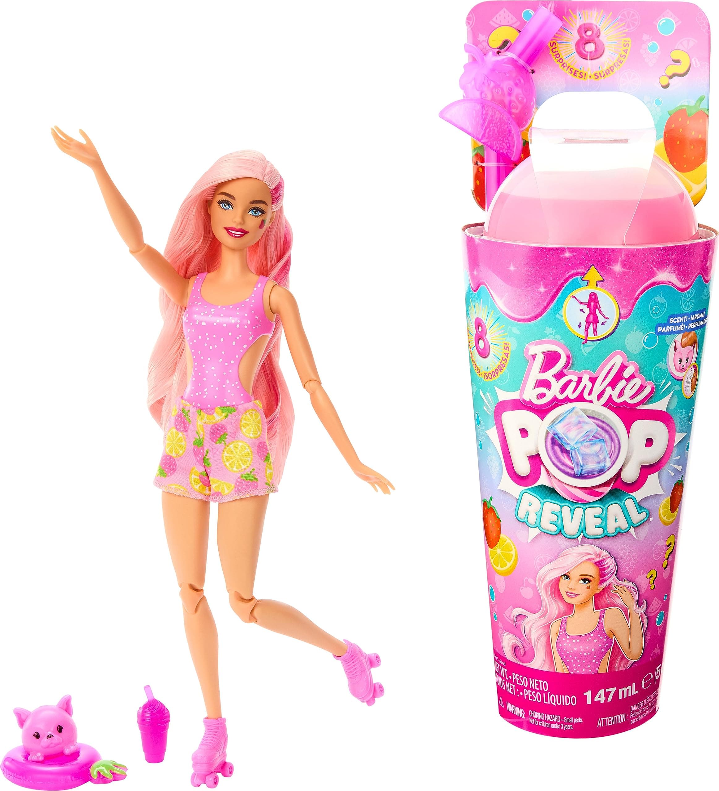 Barbie Pop Reveal Fruit Series Strawberry Lemonade Doll, 8 Surprises Include Pet, Slime, Scent & Color Change