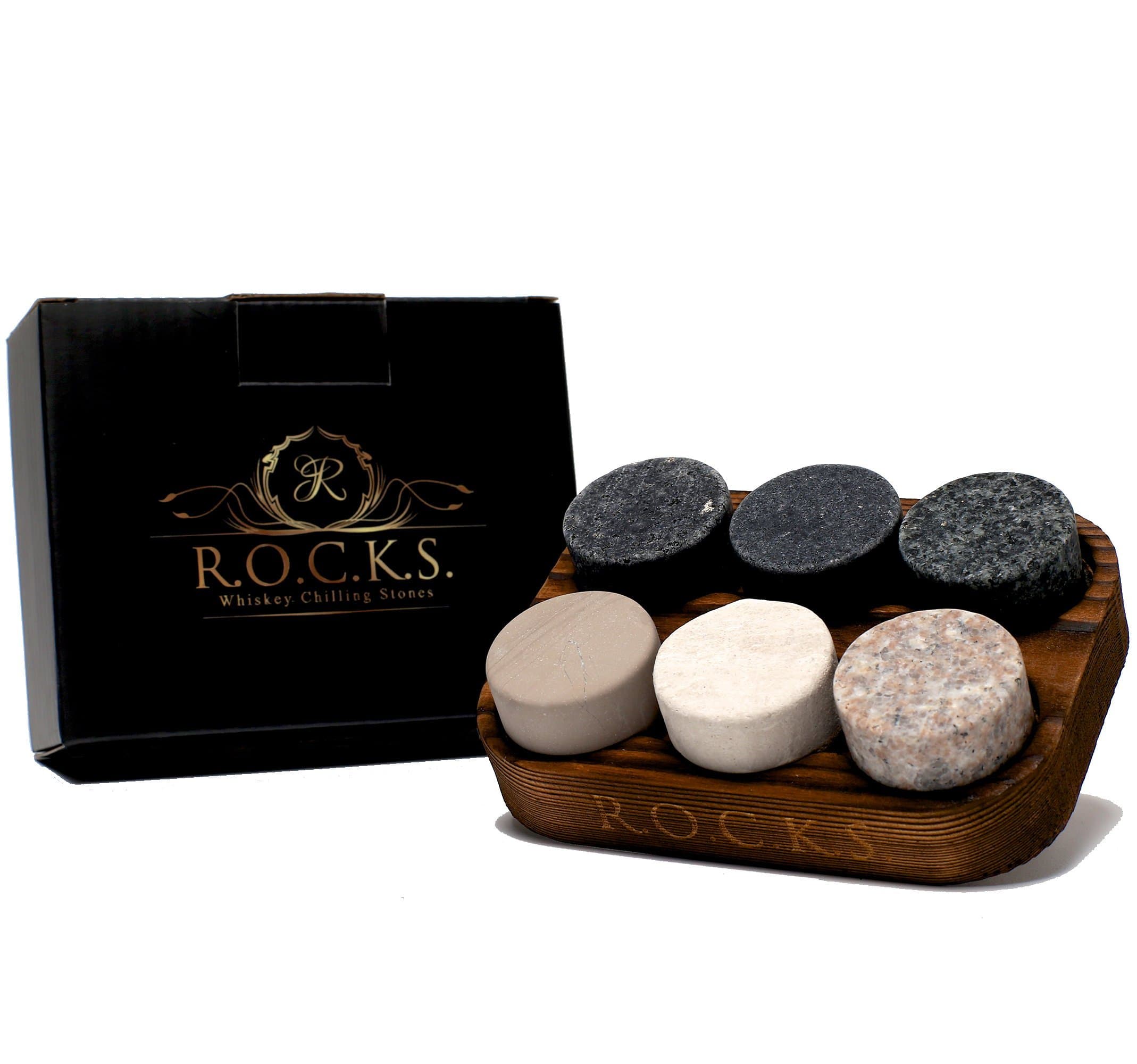 Whiskey Chilling Stones - Set of 6 Handcrafted Premium Granite Round Sipping Rocks - Hardwood Presentation & Storage Tray by R.O.C.K.S.