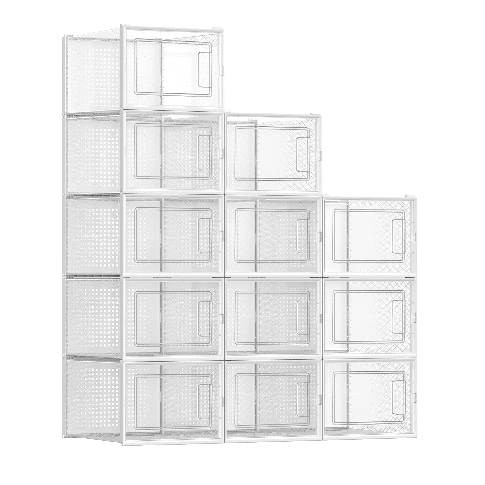 SONGMICS Shoe Boxes, Pack of 12 Shoe Storage Organizers, Stackable Clear Plastic Boxes for Closet, Sneakers, 13.7 x 9.9 x 7.4 Inches, Transparent and White ULSP12MWT