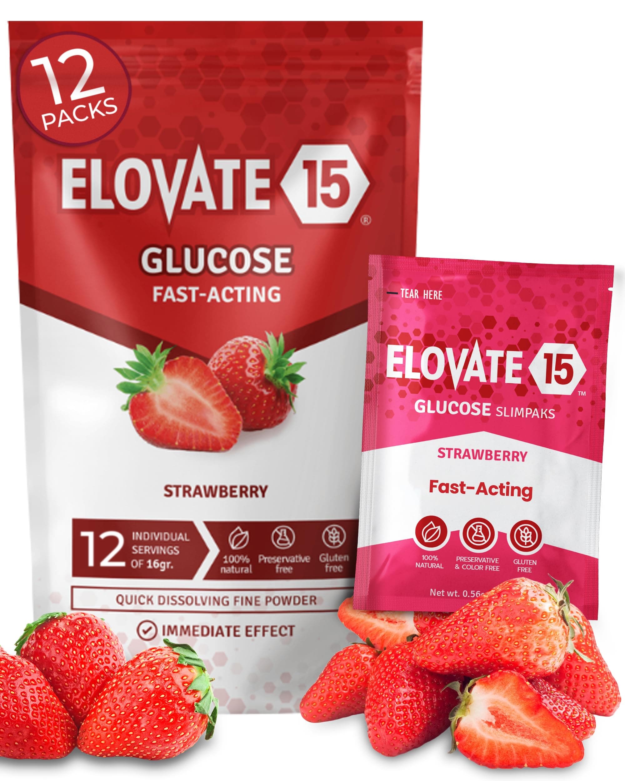 Glucose Powder Slimpaks - Alternative to Traditional Tablets - FSA/HSA eligible -Fast Acting Dextrose with Strawberry Taste - (Pack of 12)