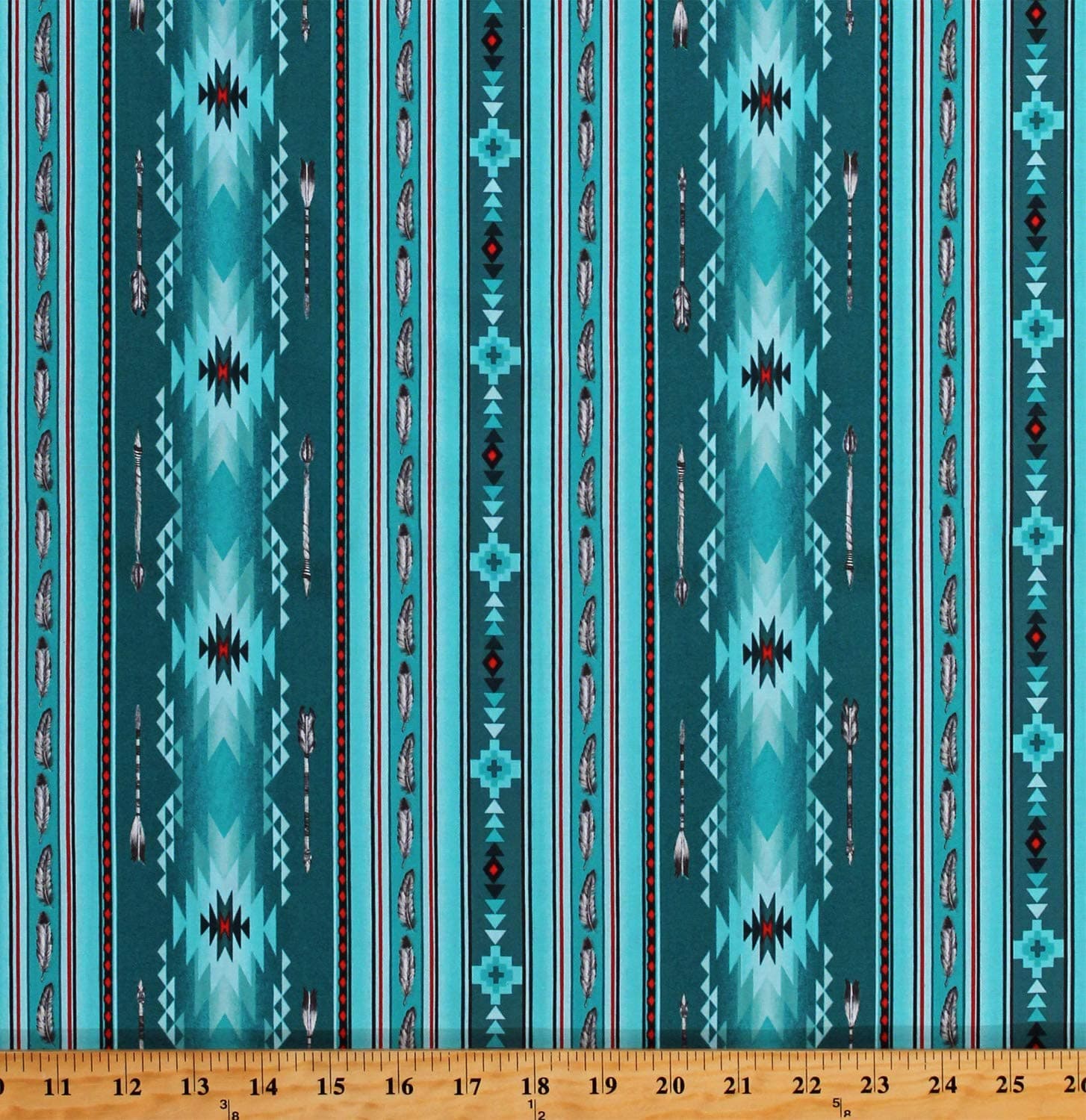 Cotton Southwestern Stripe Arrows Feathers Native American Aztec Tribal Designs Native Spirit Turquoise Cotton Fabric Print by The Yard (D462.45)