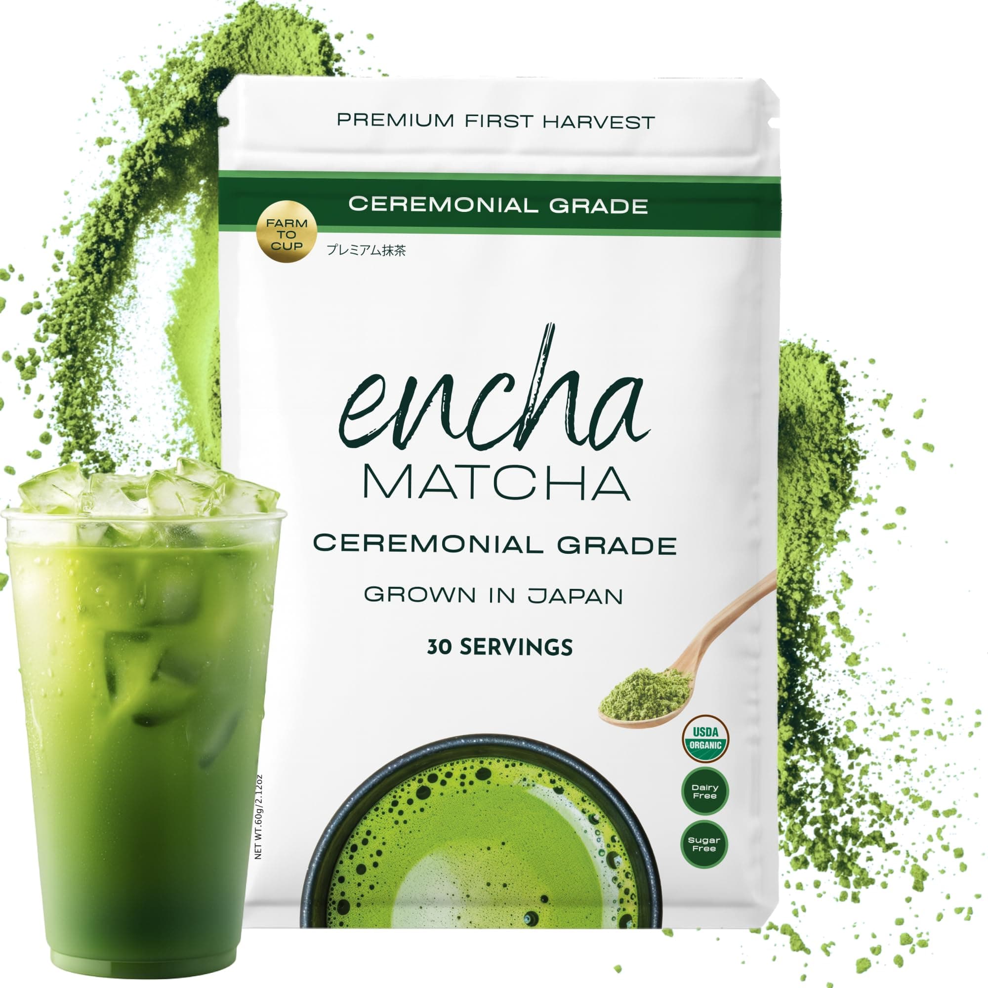 Encha Matcha - Ceremonial Grade Matcha Powder, Organic First Harvest Japanese Green Tea Powder, From Uji, Japan (60g/2.12oz)