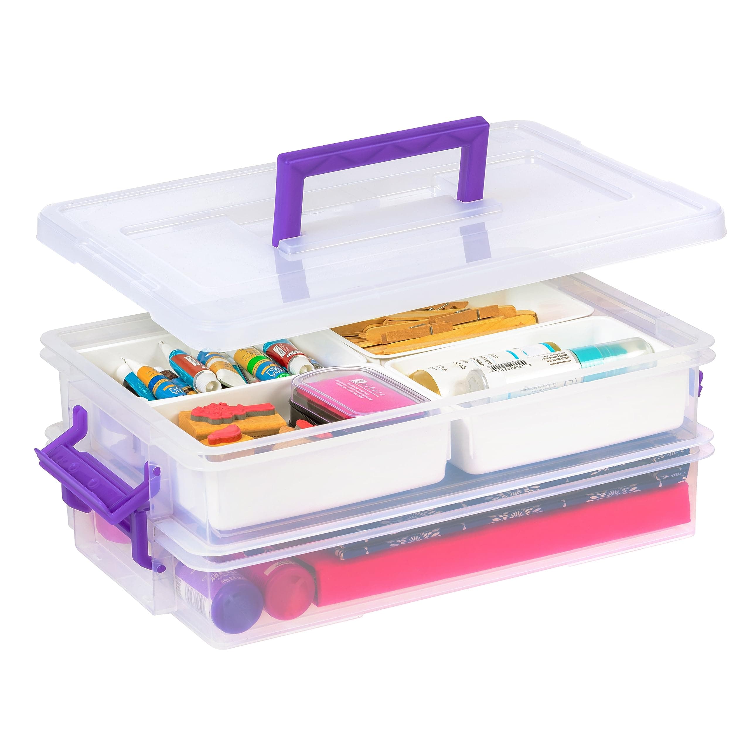 USA 9.4Qt 2 Layer Stack and Carry Storage Containers with Bulked-Up Lid, Clear/Violet