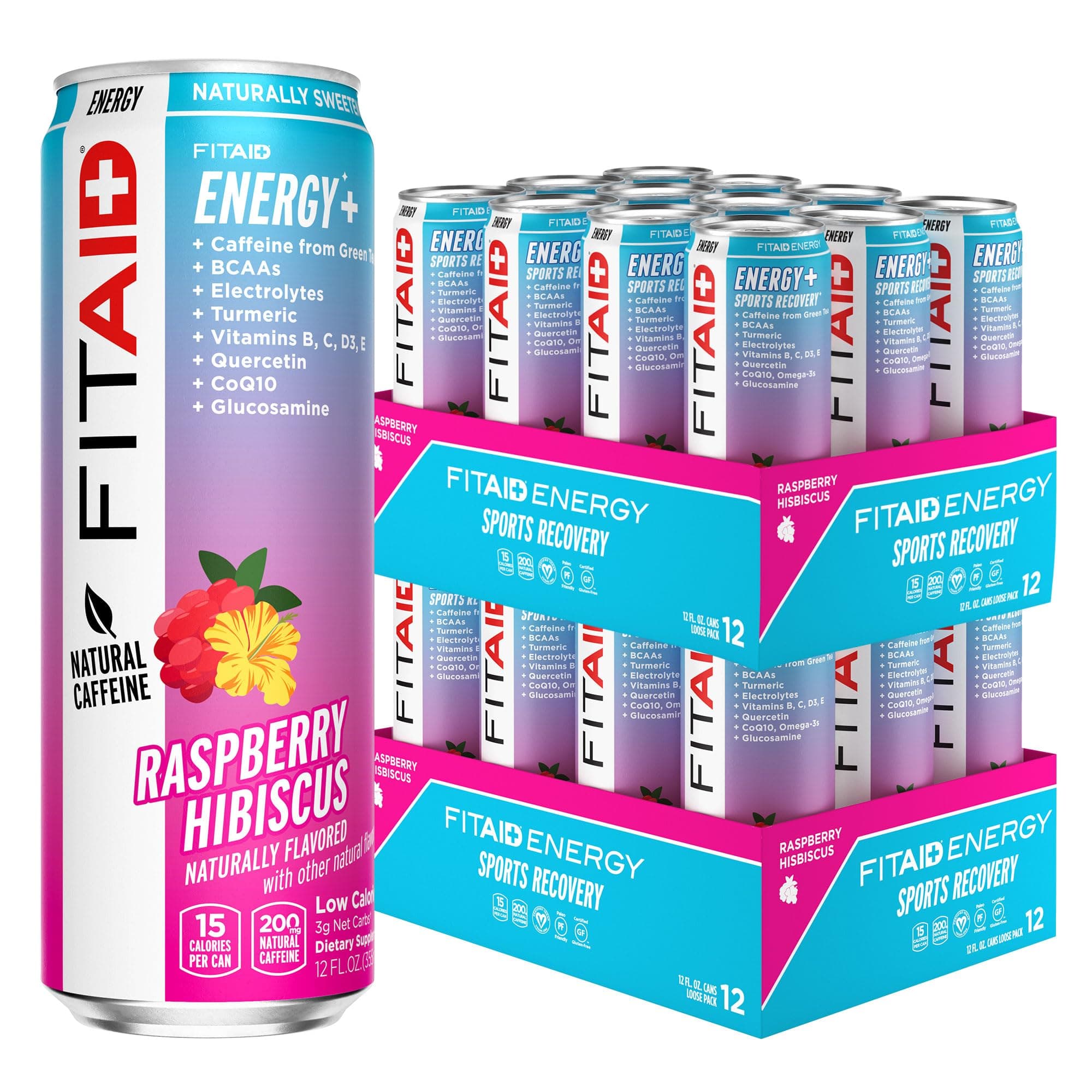 FITAID ENERGY, 200mg Natural Caffeine, Keto, Raspberry Hibiscus, Optimum Performance Formula: BCAAs, Quercetin, Electrolytes, Omega-3s, Paleo, Vegan & GlutenFree, 12 Fl Oz cans (Pack of 24)