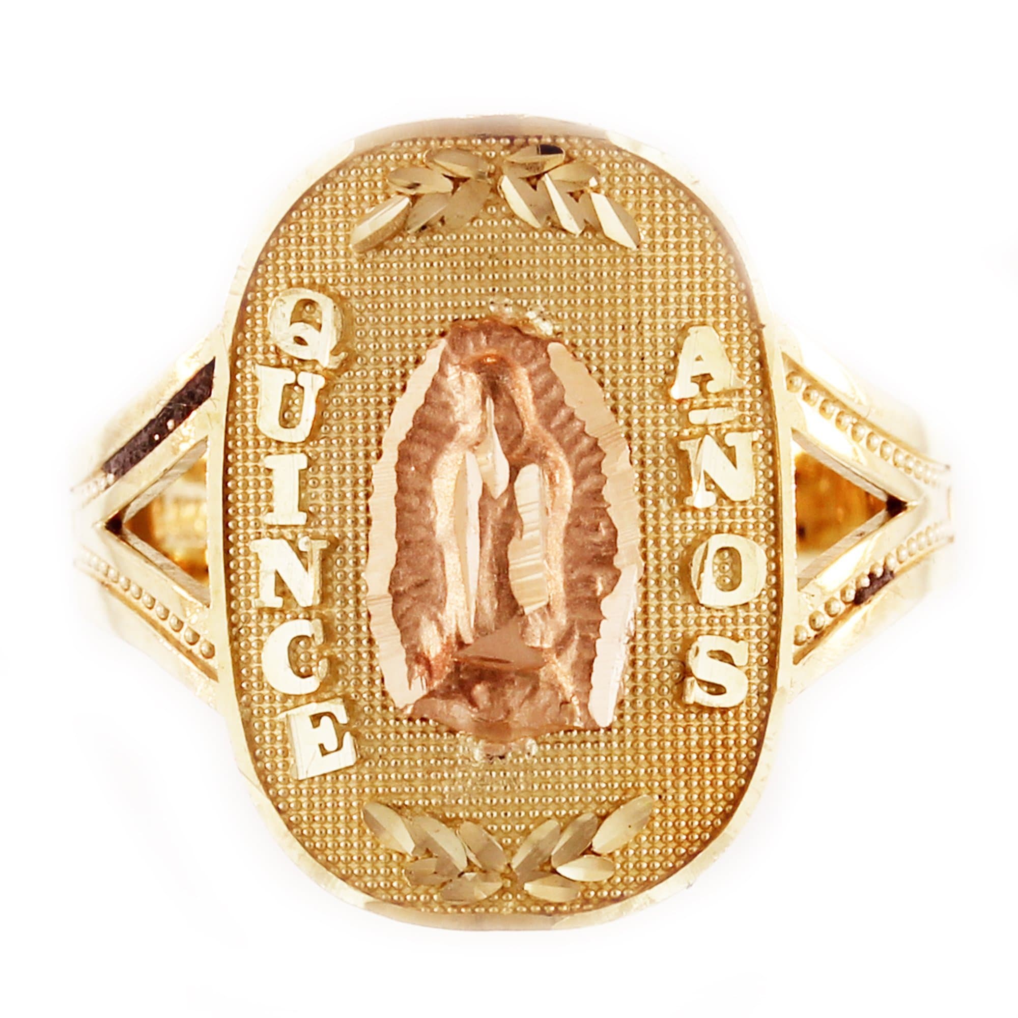 14K Yellow Quinceanera Ring with Virgin Mary Rose Tone Design