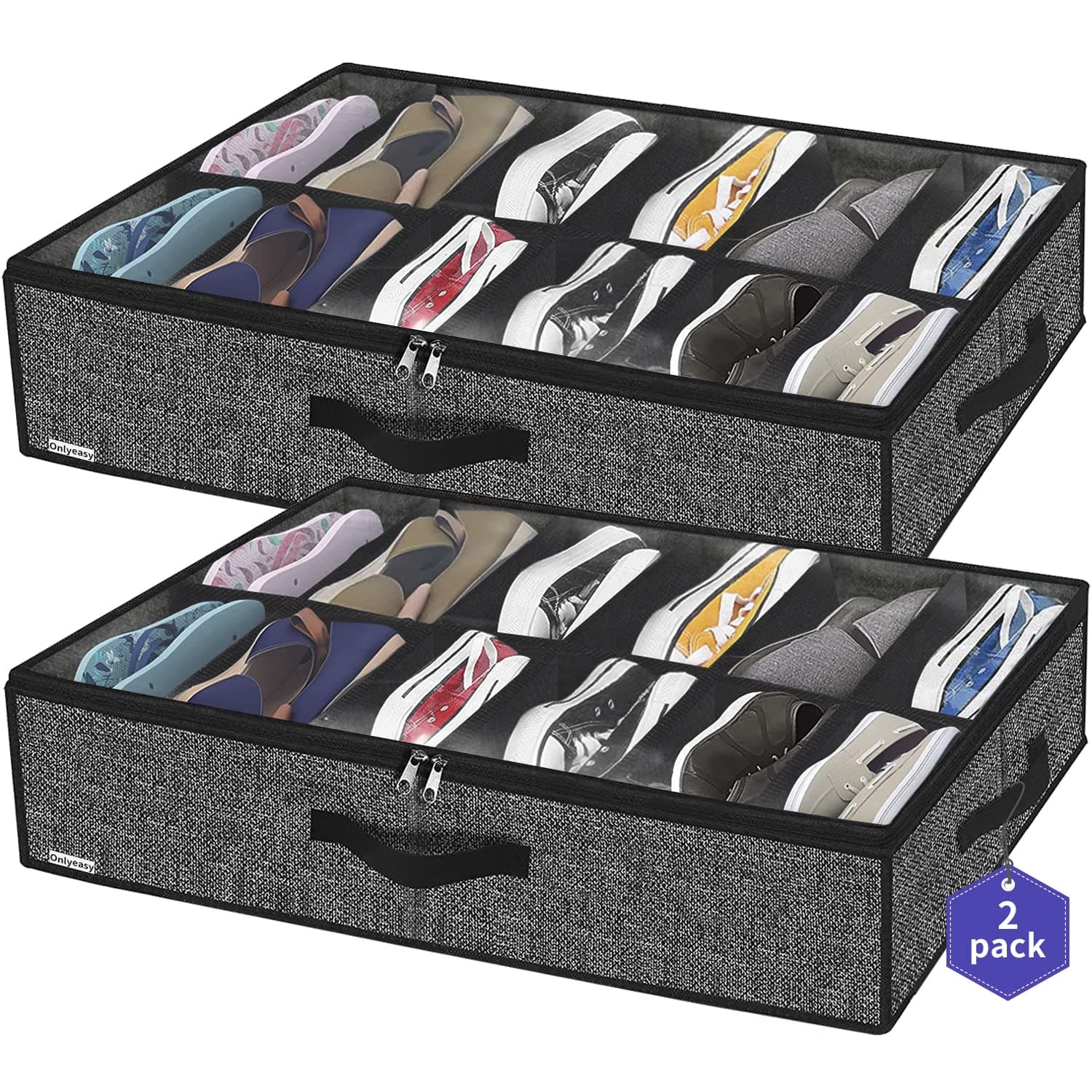 Sturdy Under Bed Shoe Storage Organizer, Set of 2, Fits Total 24 Pairs, Underbed Shoes Closet Storage Solution with Clear Window, Breathable, 29.3"x23.6"x5.9", Linen-like Black, MXAUBSB2P