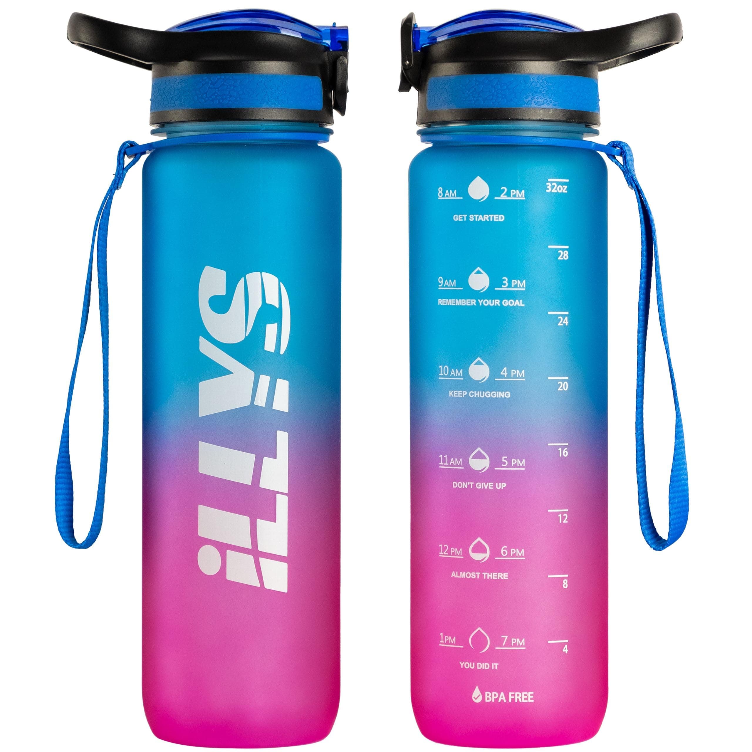 Illys Plastic Water Bottle, 1L / 32oz with Motivational Time Marker (Multi colour)