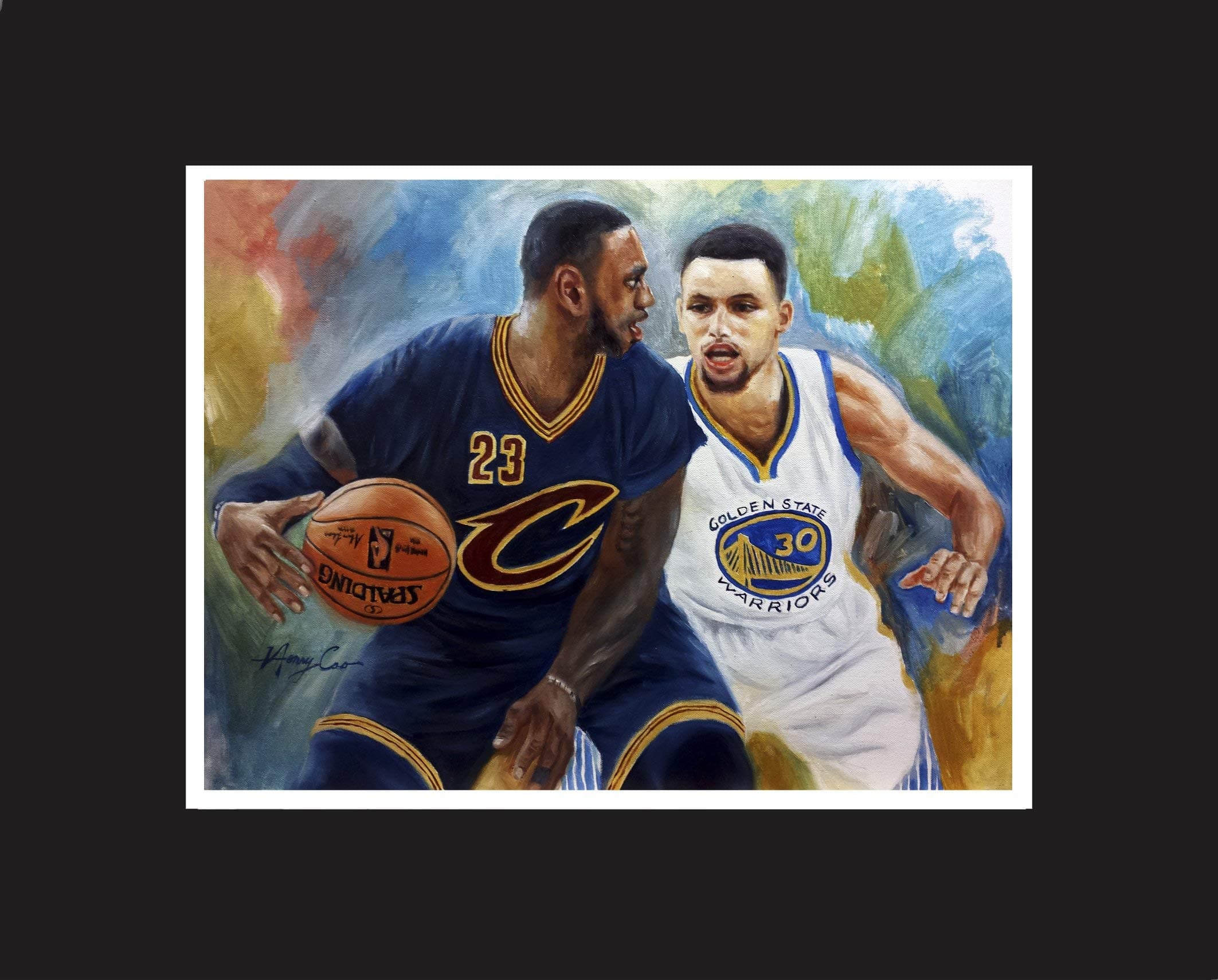 Stephen Curry, LeBron James, top basketball players, Oil Painting Print 16 x 20" with mat.