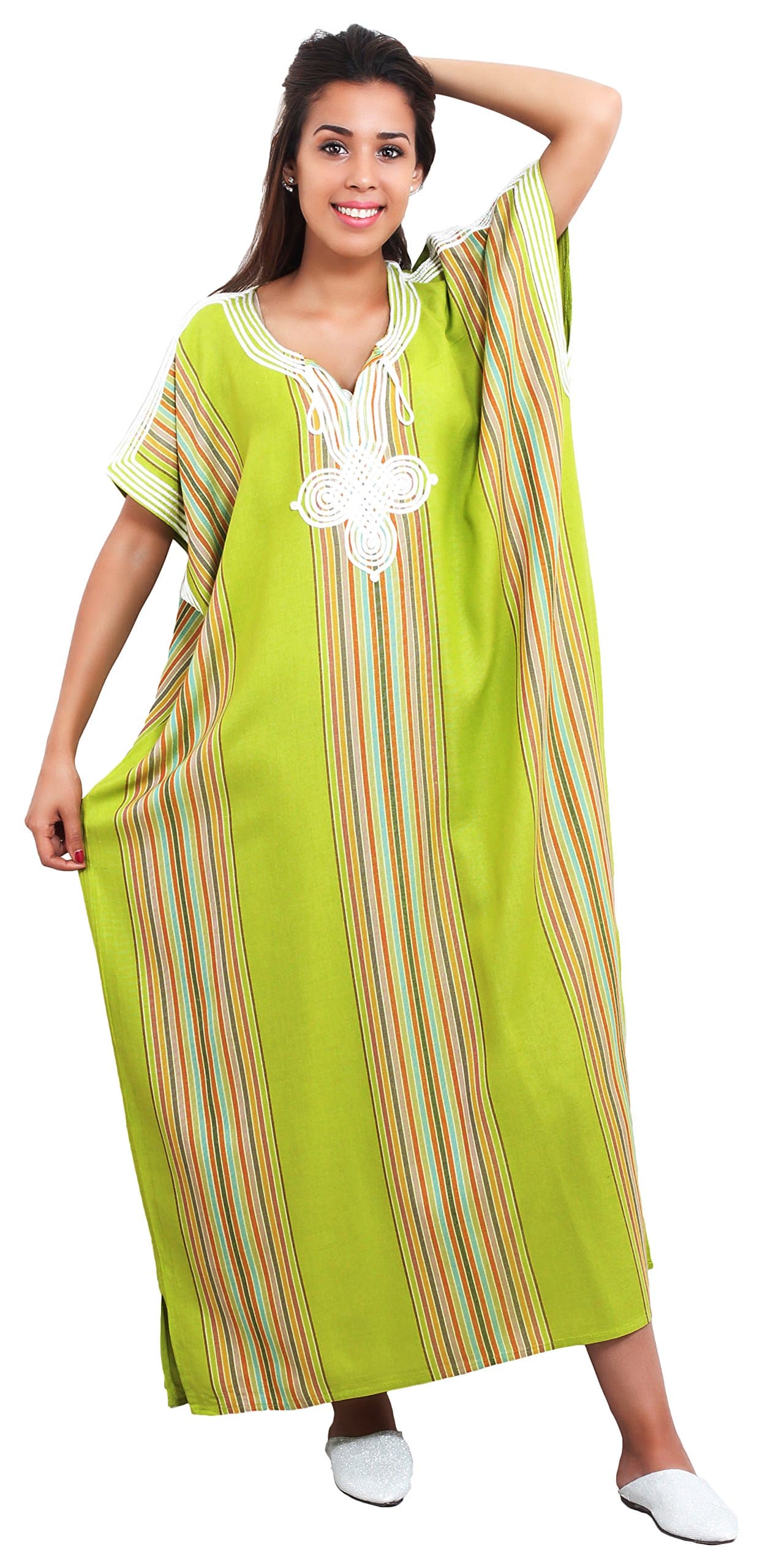 Moroccan Caftans Women Light Linen Handmade Embroidery SMALL to LARGE Lime