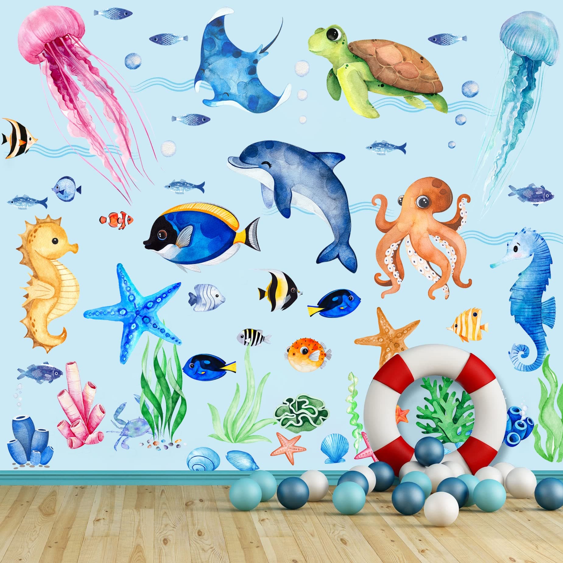 4 Sheets Ocean Fish Wall Decals Stickers Sea Wall Decal Stickers Removable Sea Life Marine Animal Sticker Underwater Ocean Creatures Decor for Kids Girls Boy Nursery Bedroom Bathroom