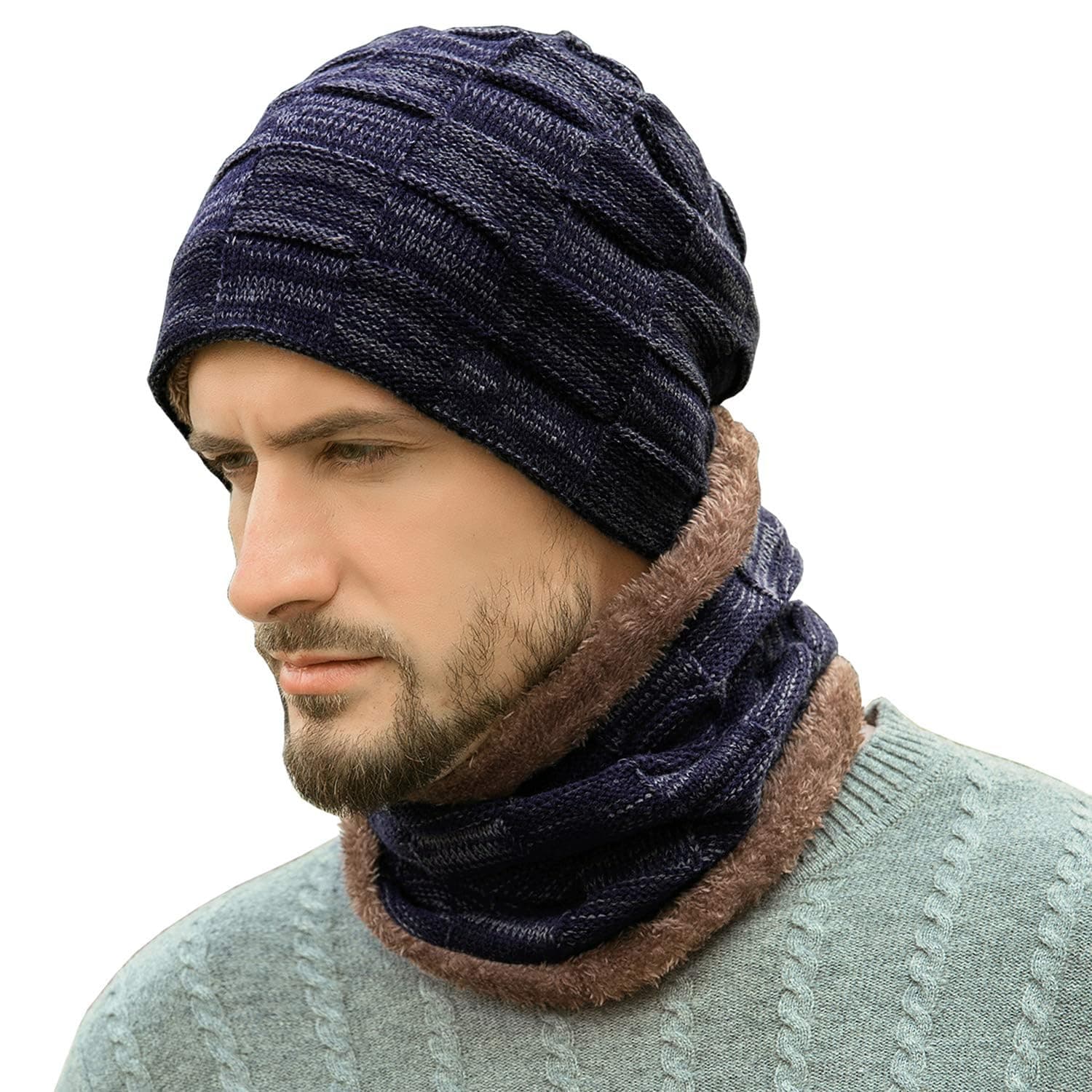 - Mens Winter Beanie Hats Scarf Set Warm Knit Skull Cap Neck Warmer with Fleece Lined Winter Hat for Women