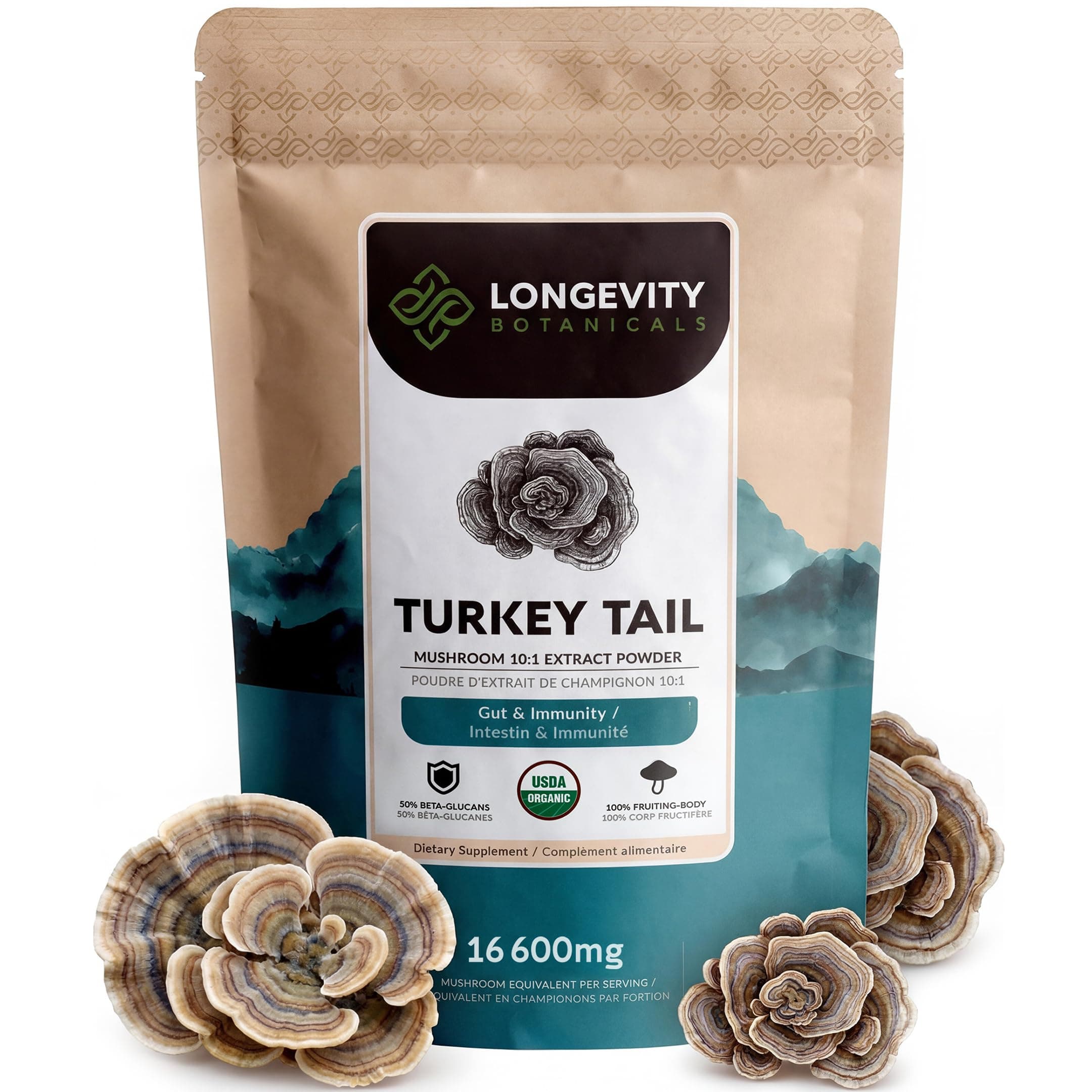 Organic Turkey Tail Mushroom Powder Supplement 10:1 Extract 100g | Trametes Versicolor 100% Fruiting Body | ≥30% Beta-D-Glucans | 60 Servings of 1,660mg | Immune, Gut & Digestive Wellness Support