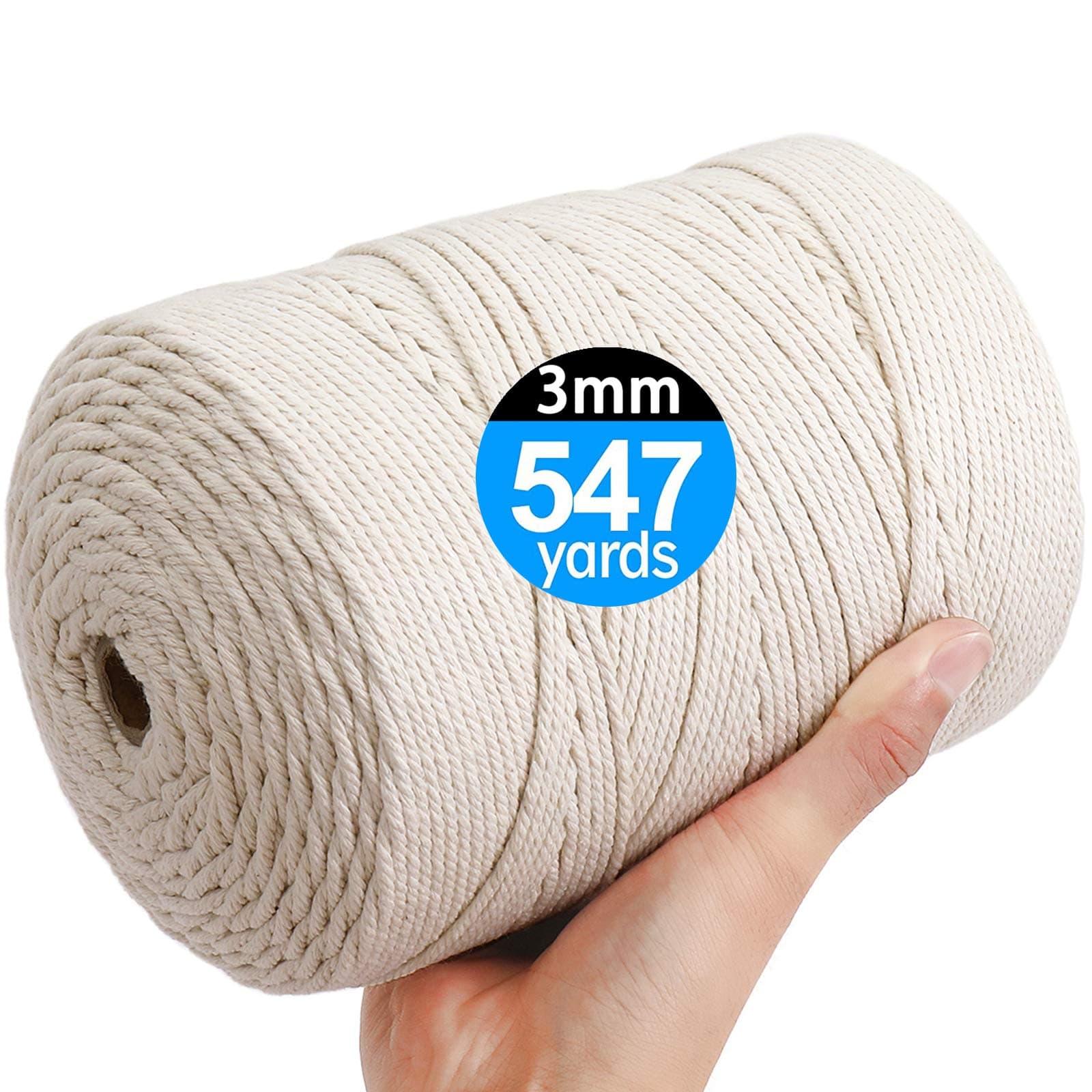 Macrame Cord 3mm X 547yd Not Dyed 100% Natural Cotton Macrame Rope, 4 Strand Twisted Cotton Cord Rope for Handmade Wall Hanging,Plant Hangers, Crafts, Knitting, Gift Wrapping(3mm X 500m)