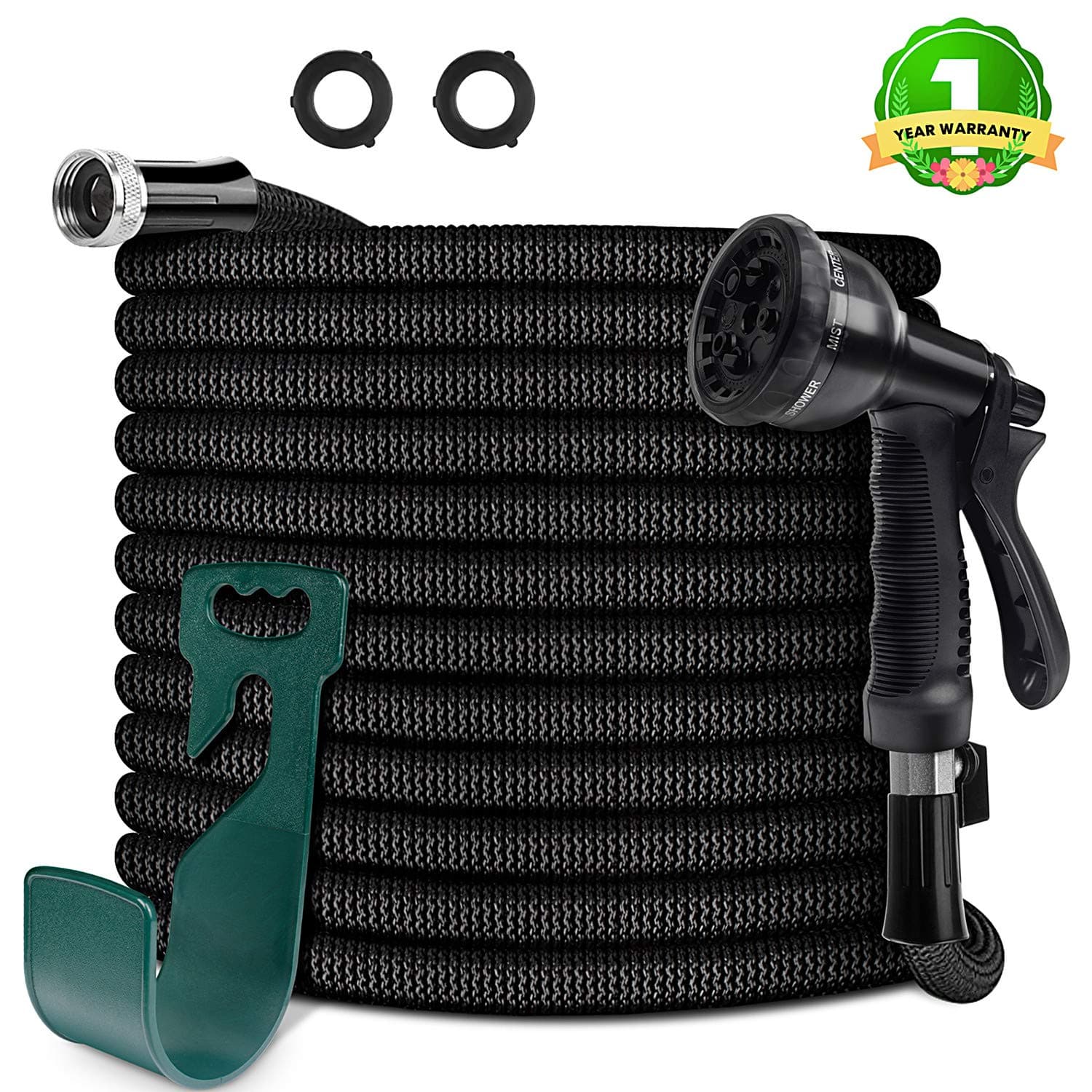 HooSeen Upgraded Expandable Garden Hose, 3/4”100FT Solid Brass Rust Free Connectors, Double Latex Core, Extra Strength 3750D Fabric, Flexible Water Hose, 8 Function Spray Nozzle, Storage Sack, Hanger