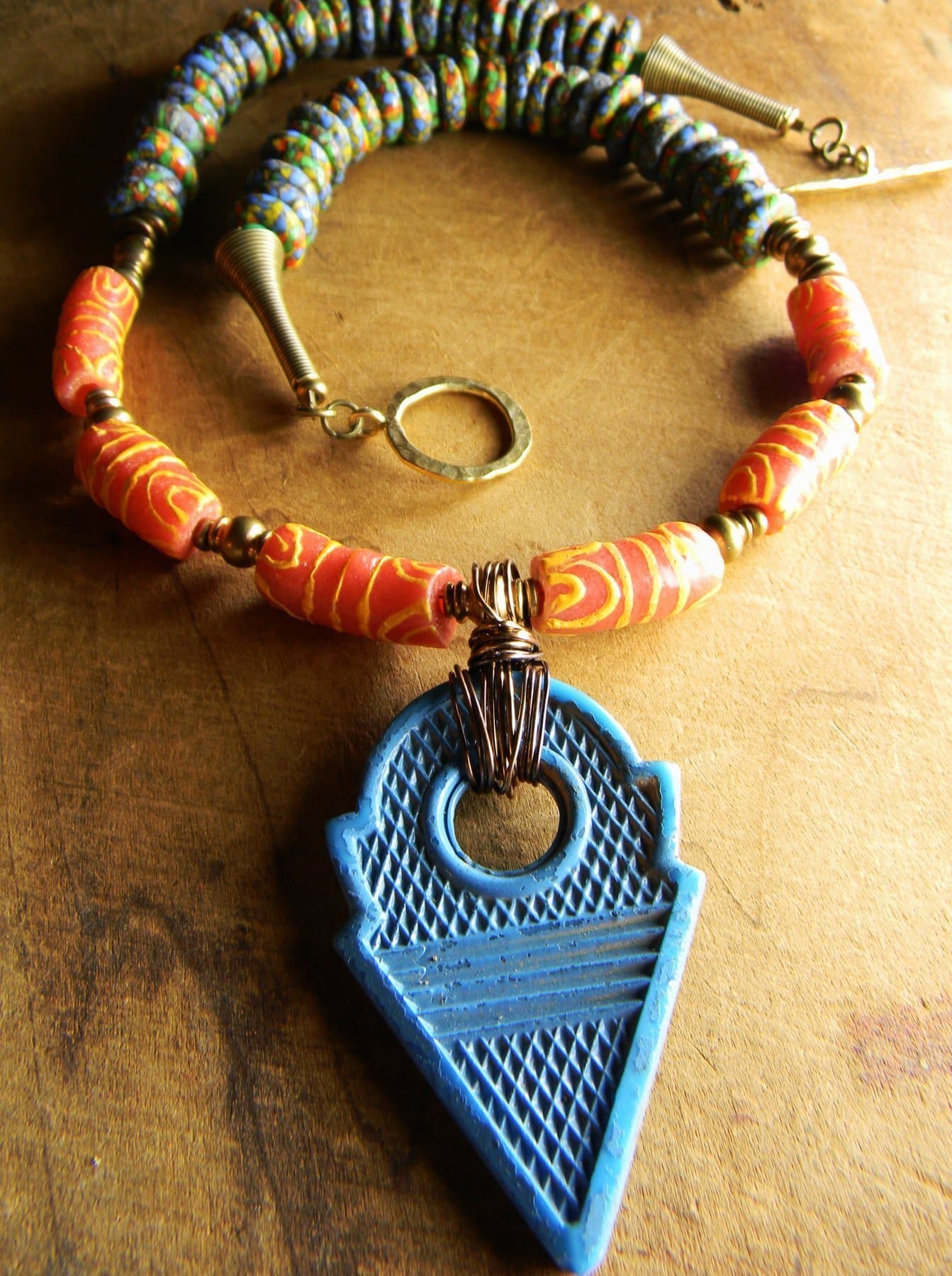 African Tanfouk Blue Pendant Necklace Orange Krobo Beaded Tribal Jewelry