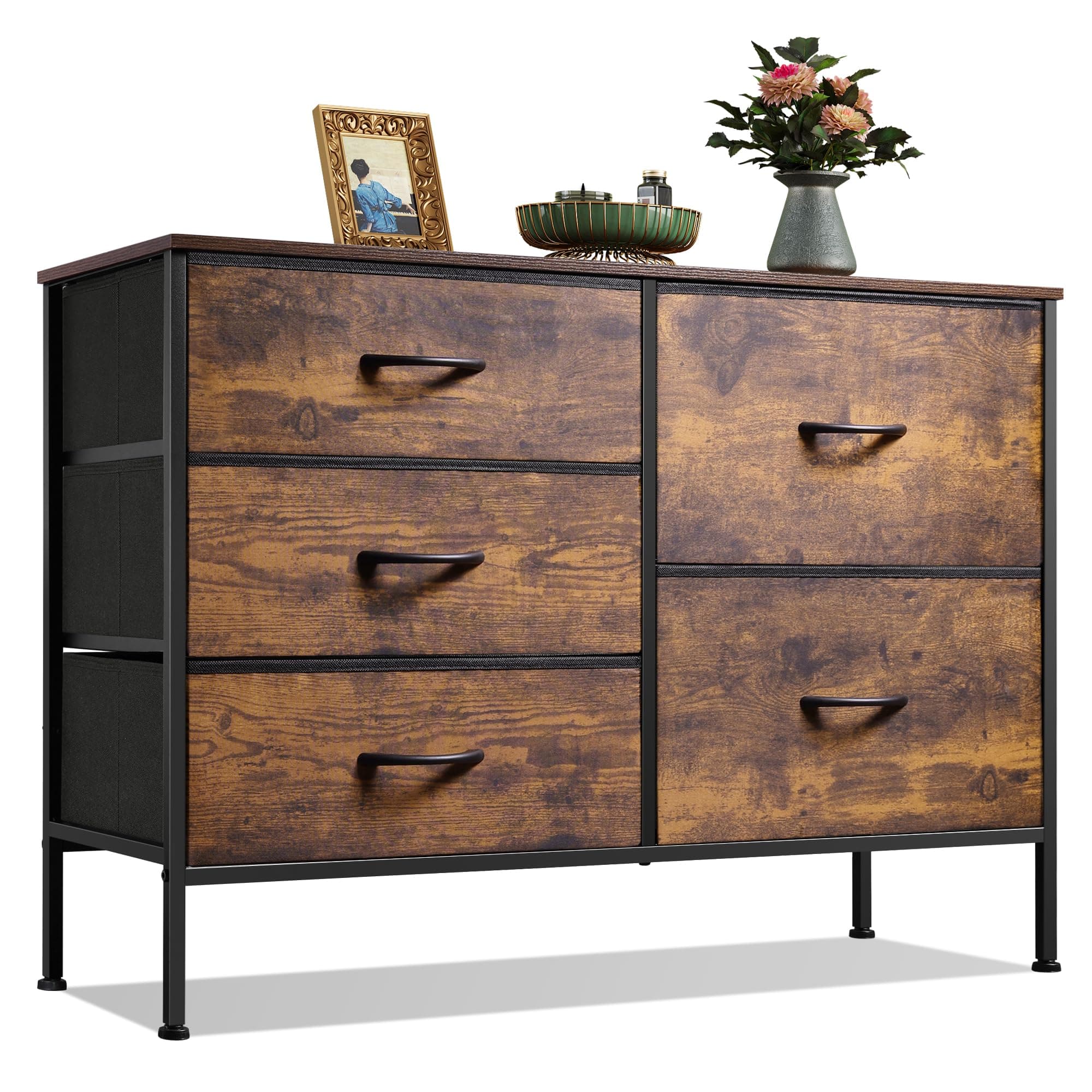 WLIVE Dresser for Bedroom with 5 Drawers, Wide Chest of Drawers for Bedroom, Fabric Dresser for Living Room, Closet, Hallway, Rustic Brown Wood Grain Print