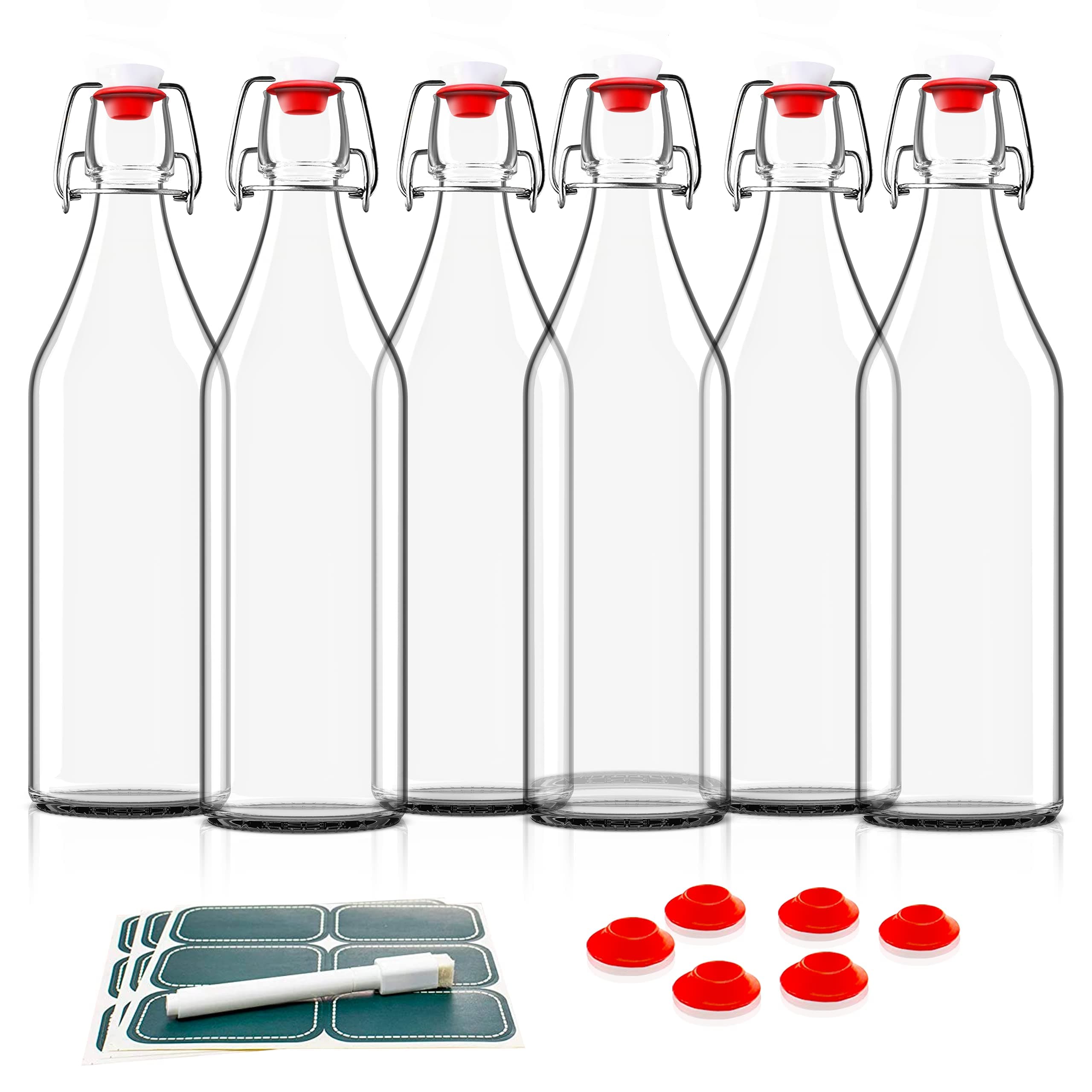 Swing Top Grolsch Glass Bottles 16oz - CLEAR - For Brewing Kombucha Kefir Beer (6 Set) Bonus Gaskets
