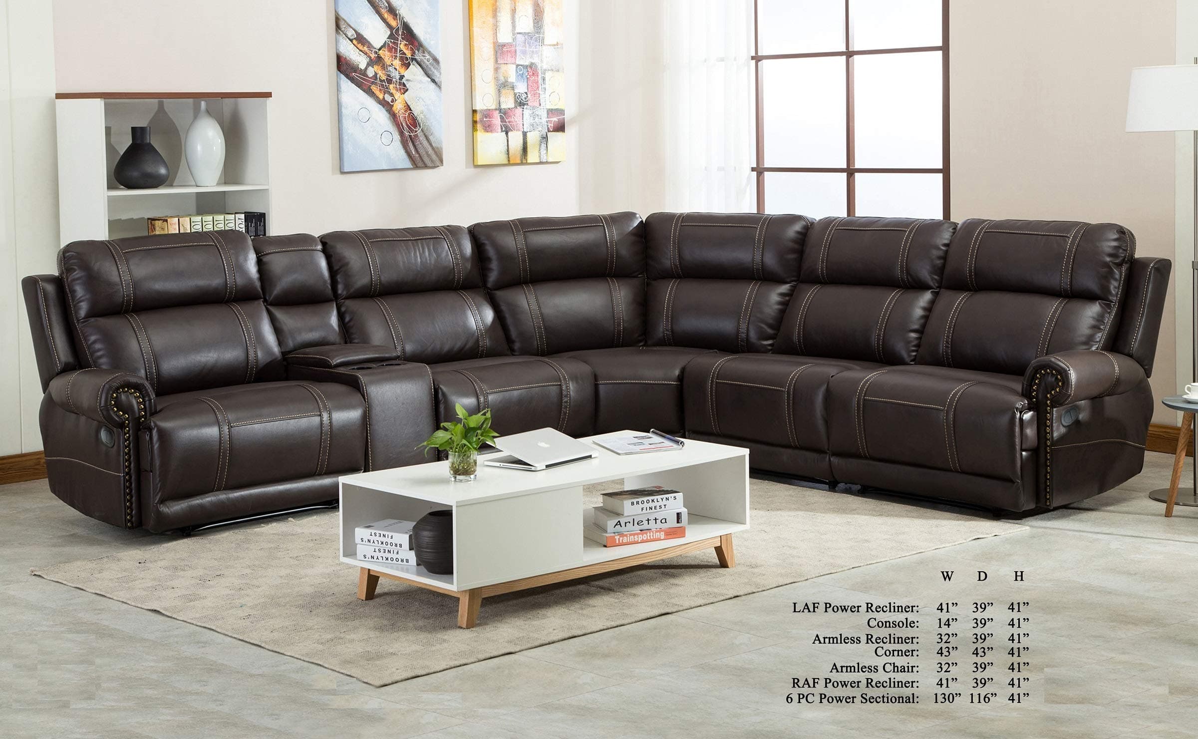 Esofastore Power Motion Recliner 6pcs Sectional Sofa Set Brown Bonded Leather Cushion Recliner Chairs Corner Console Living Room Furniture