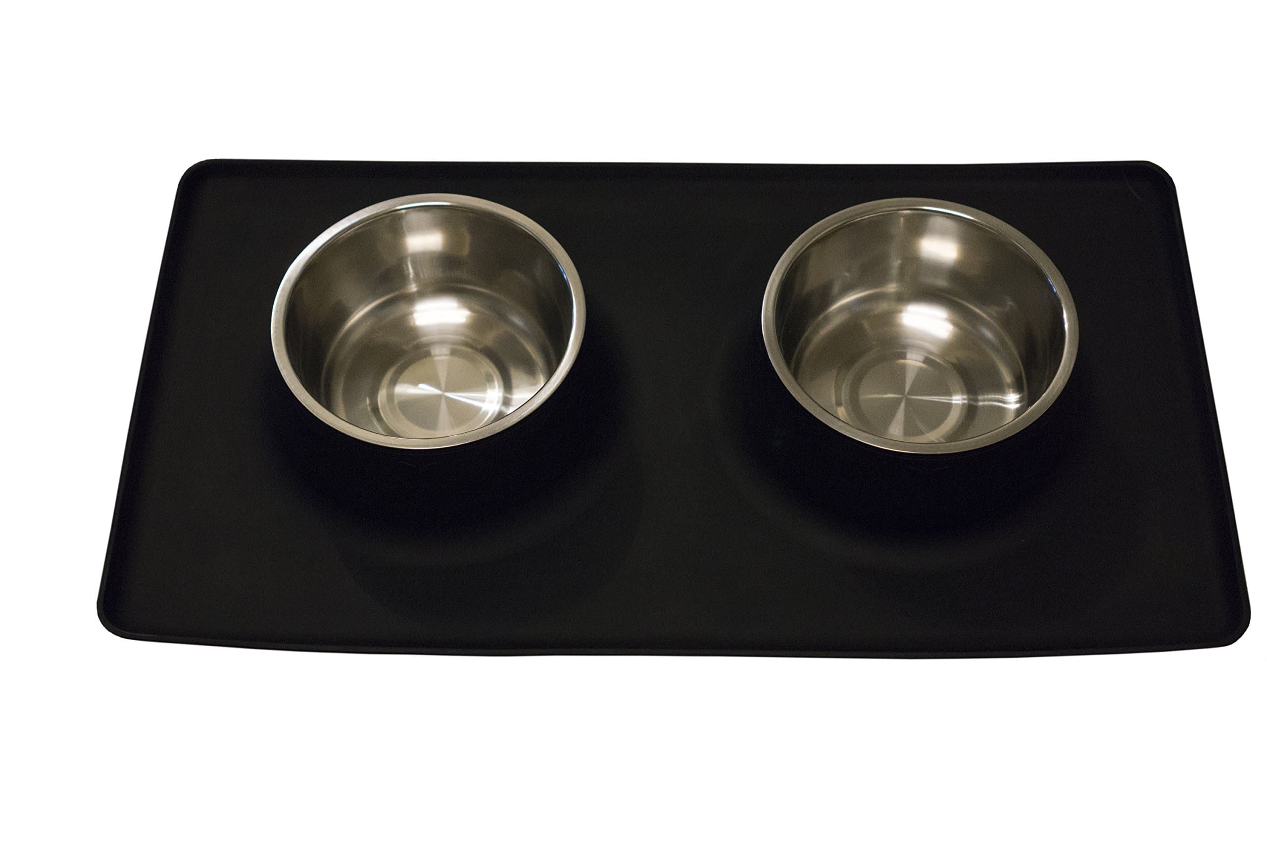 Stay-Clean Pet Feeding Station. Dog / Cat Food Bowl Set with Non-Slip Silicone Mat, By OurGivingEarth (Large, Black)