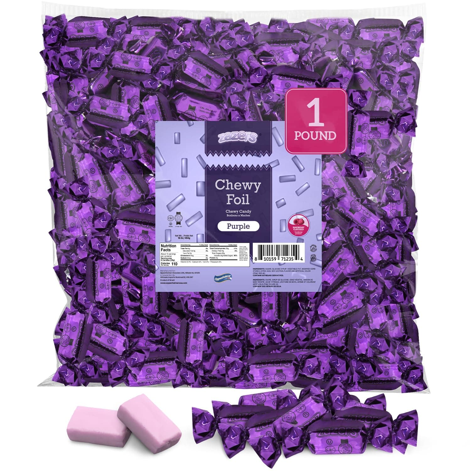 Zazers Purple Chewy Foil Candy - 1 Pound - Raspberry Flavor - Individually Wrapped, Perfect for Color Themed Party Decor, Great for Office, Reception, Buffet, Kosher, Gluten-Free, Nut-Free