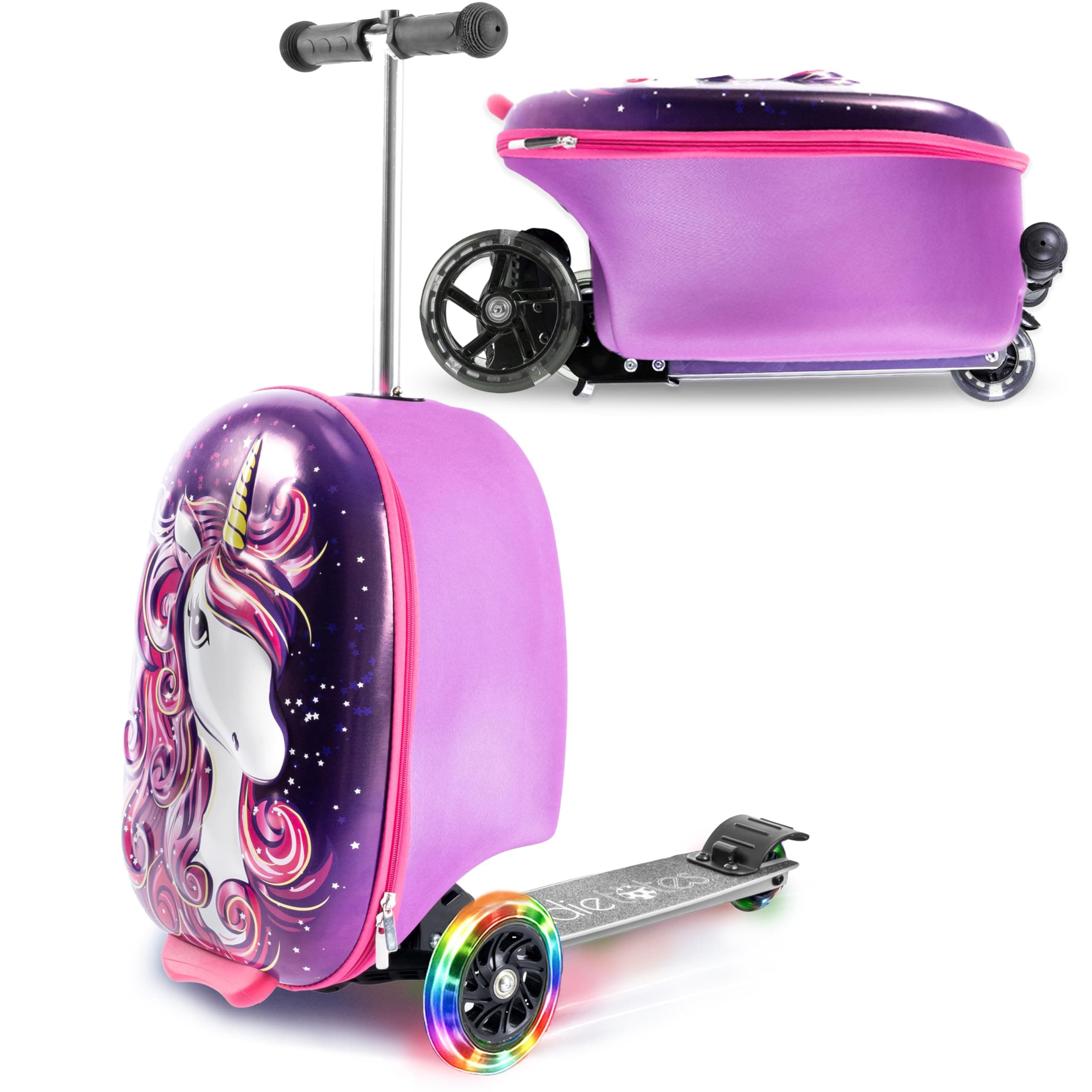 KIDDIETOTES Kiddie Totes 19” Hardshell Carry-on Scooter Suitcase - Light Up LED Wheels - Unicorn