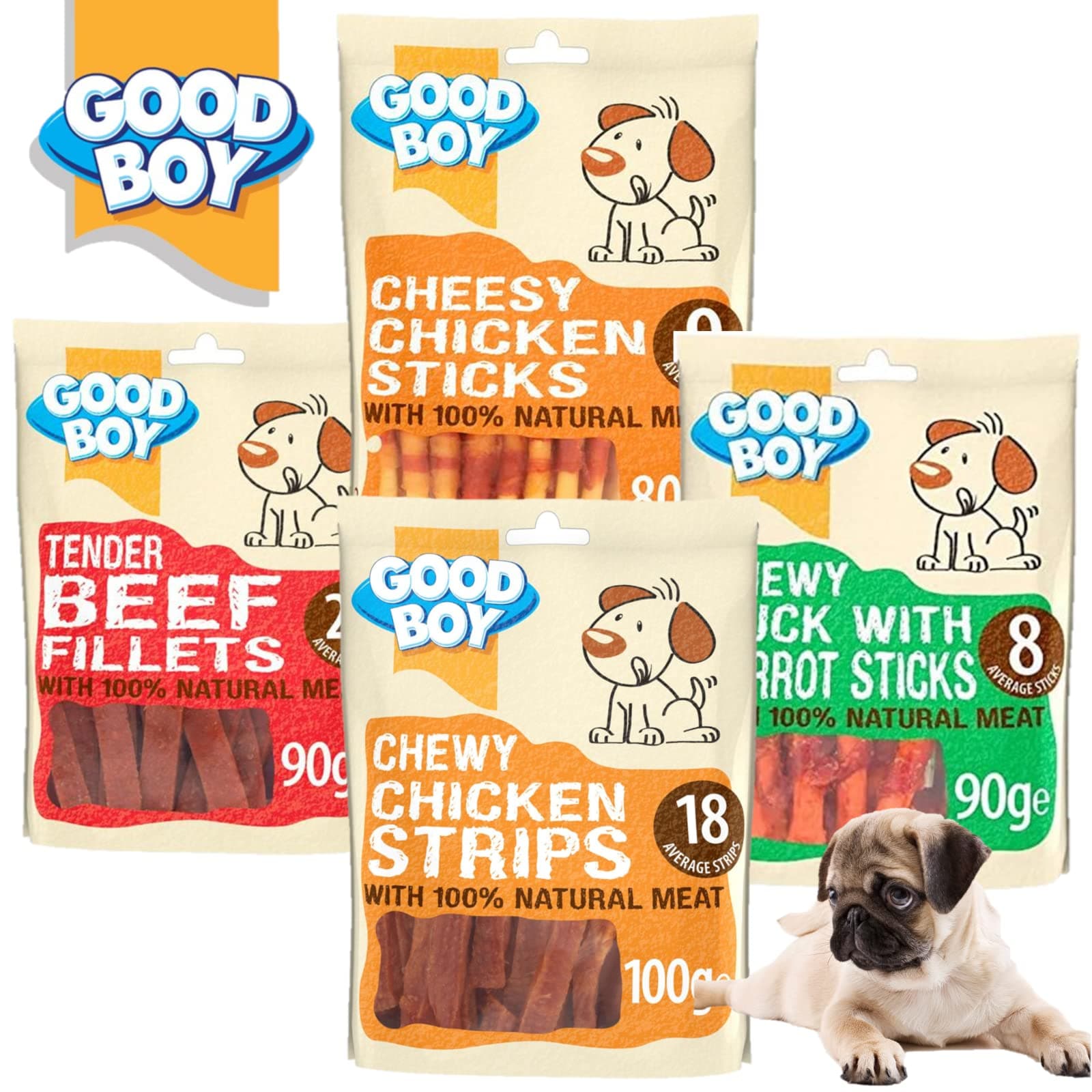 Pulla Dog Treat Good Boy 4 Pack Variety, Chewy Chicken Strips, Beef Fillet, Cheesy Sticks, Chicken & Sweet Potato.