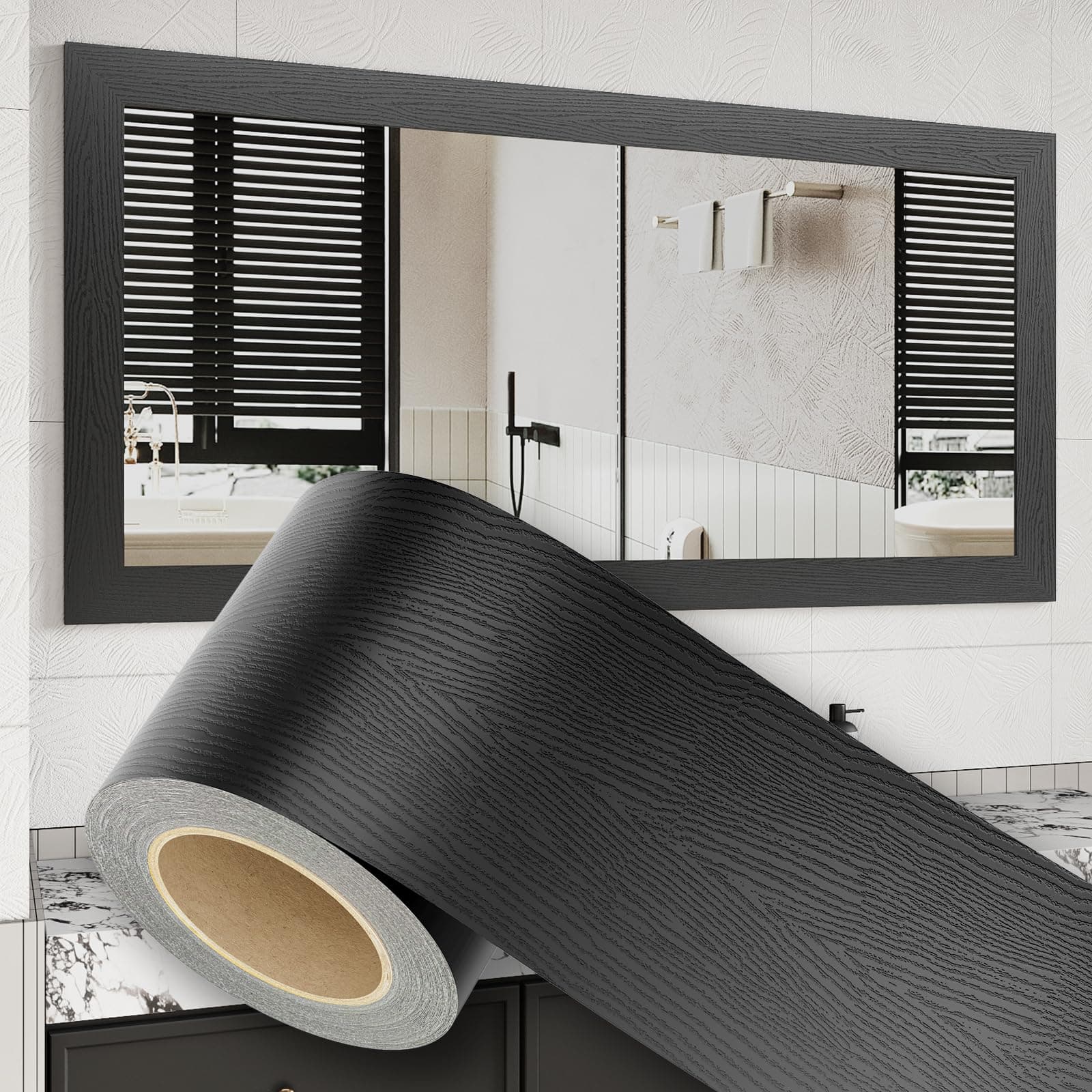 10M Peel and Stick Wallpaper Borders 390” x 4” Self Adhesive Mirror Frame Border Wood Grain DIY for Kitchen Bathroom Mirror Removal Border Sticker Wall Decor Cover 10.8 Sq.Ft, Black Wood