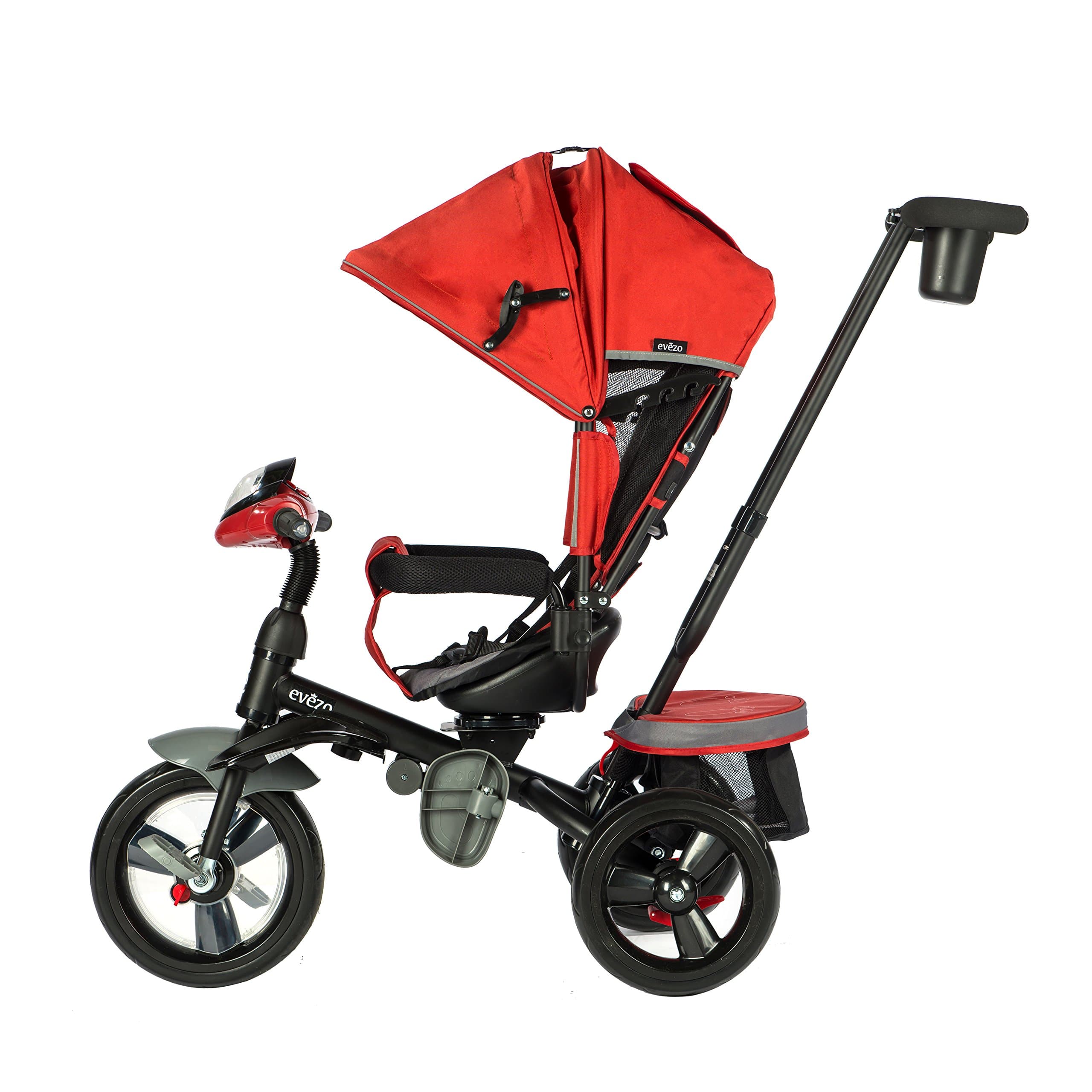 Evezo 302A 4-in-1 Parent Push Tricycle for Kids, Stroller Trike Convertible, Swivel Seat, Reclining Seat, 5-Point Safety Harness, Full Canopy, LED Headlight, Storage Bin (Crimson Red)