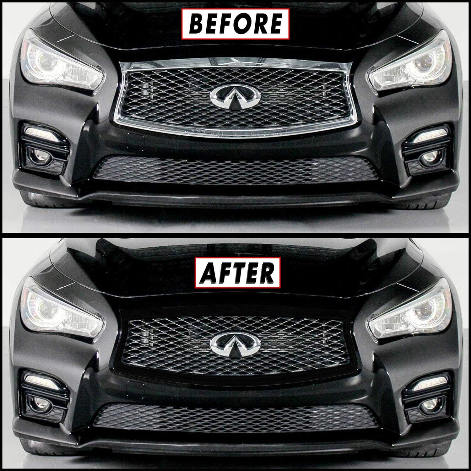 Chrome Delete Blackout Vinyl Overlay for 2014-2017 Infiniti Q50 Q50S Front Bumper Grill Trim (Gloss Black)