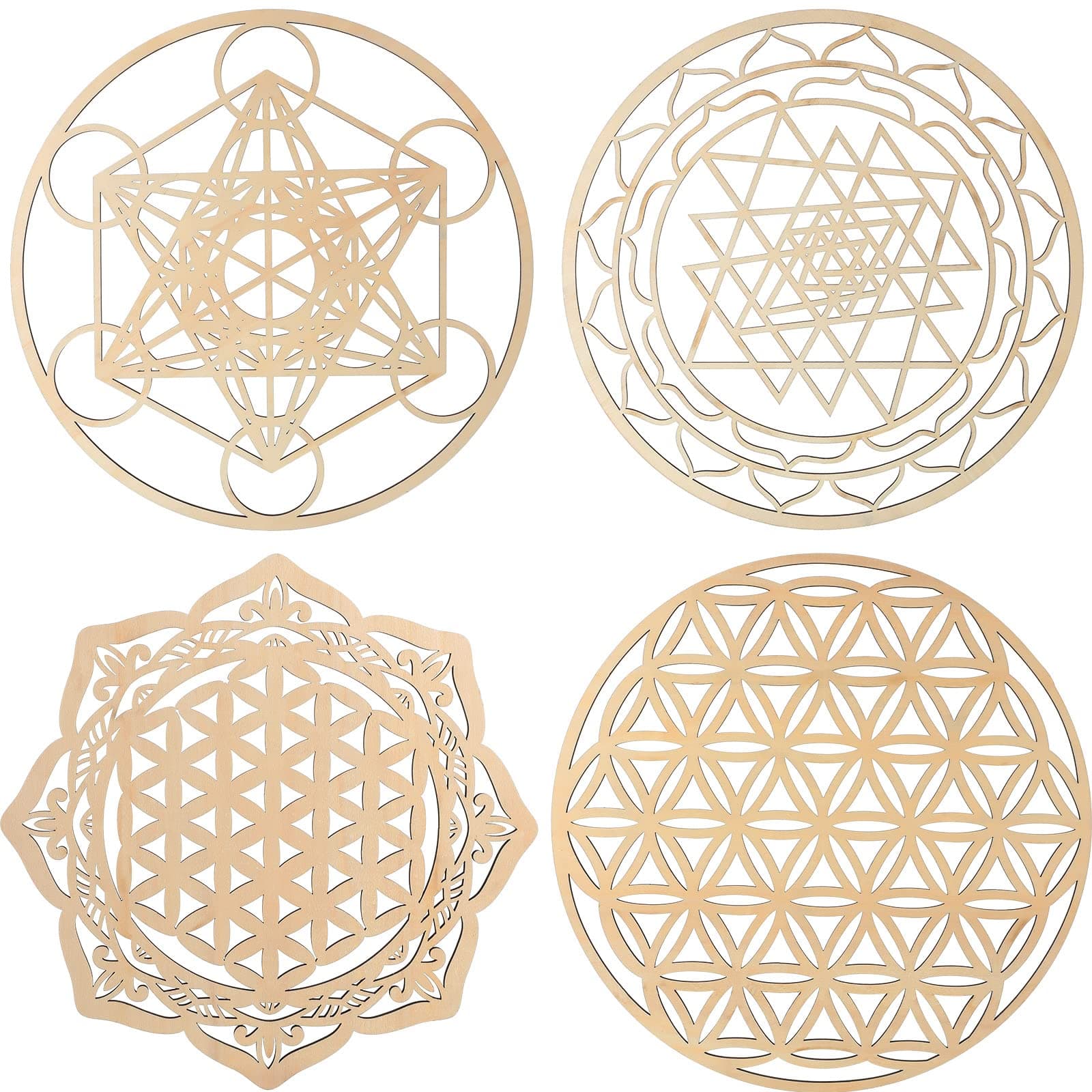 4 Pcs 12 Inch Crystal Grid Board Sacred Geometric Wall Art Wooden Set Metatron's Cube, Flower of Life, Sri Yantra, Mandala Flower of Life Zen Wall Decor for Home Room Hanging