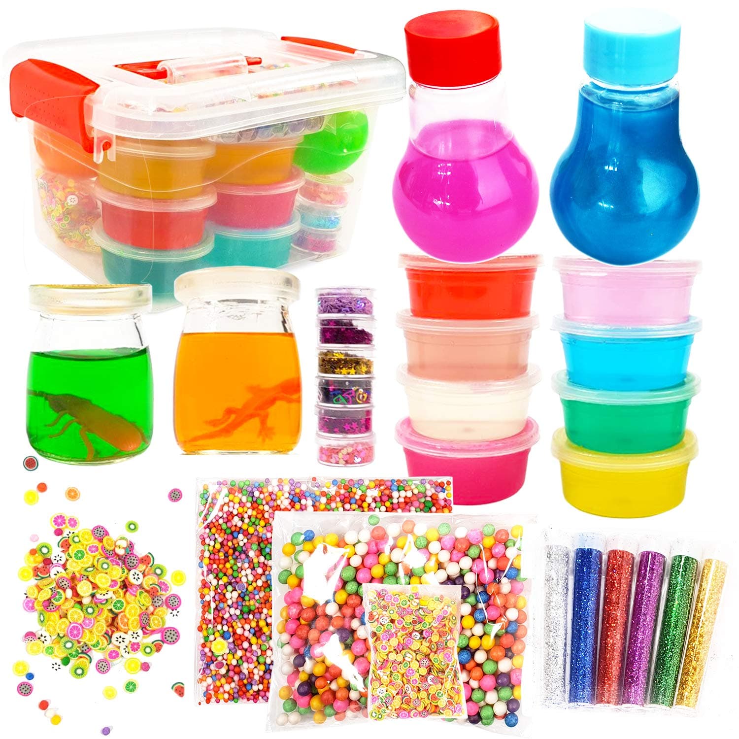 3 Pounds Ultimate Make Slime Kit - DIY Big Slime Supplies Crunchy Slime Making Kit for Girls - 12 Colors Crystal Clear Slime 4 Jiggly Jars & Bulbs, Foam Balls, Fruit Slices, 12 Pack Glitter Slime