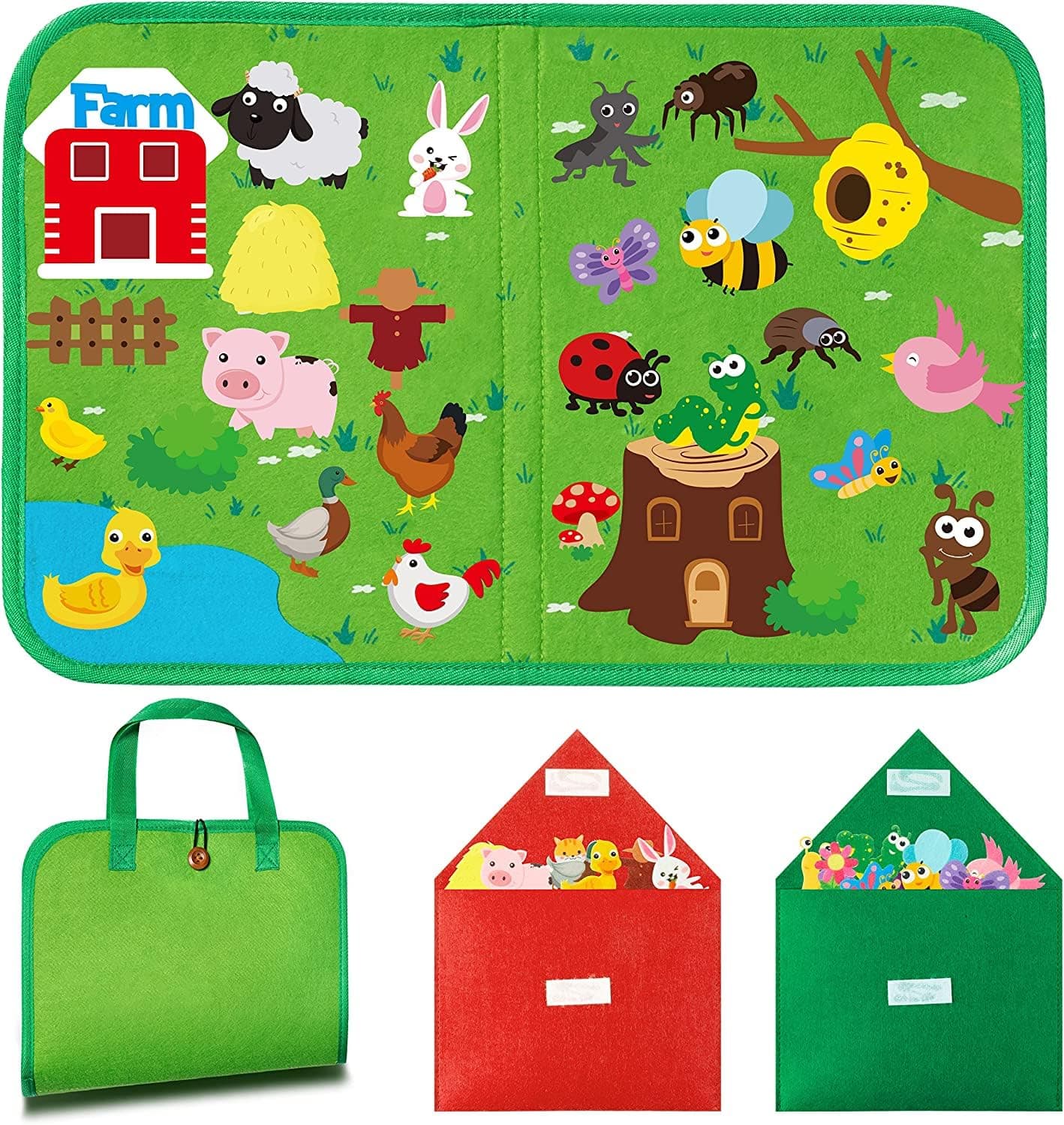 BeYumi 2 Sets Farm Insect Animals Travel Felt Board Portable Bug Insect Farm Animals Flannel Storytelling Playset Story Teaching Aid Early Learning Interactive Play Kit for Preschool Toddlers, 49 Pcs