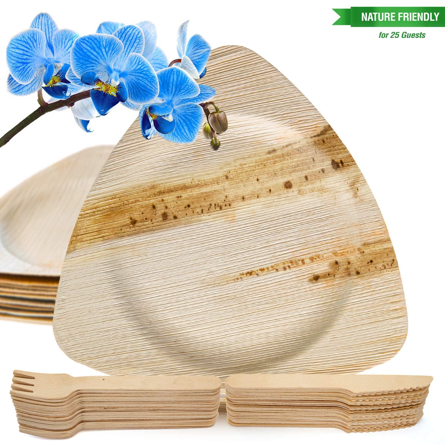 Kiki Green Triangular Compostable Plates 10 Inch Palm Leaf Plates Bamboo Plates Disposable 50 Wooden Forks and Knives - Biodegradable Dinnerware Set (75 Pack)