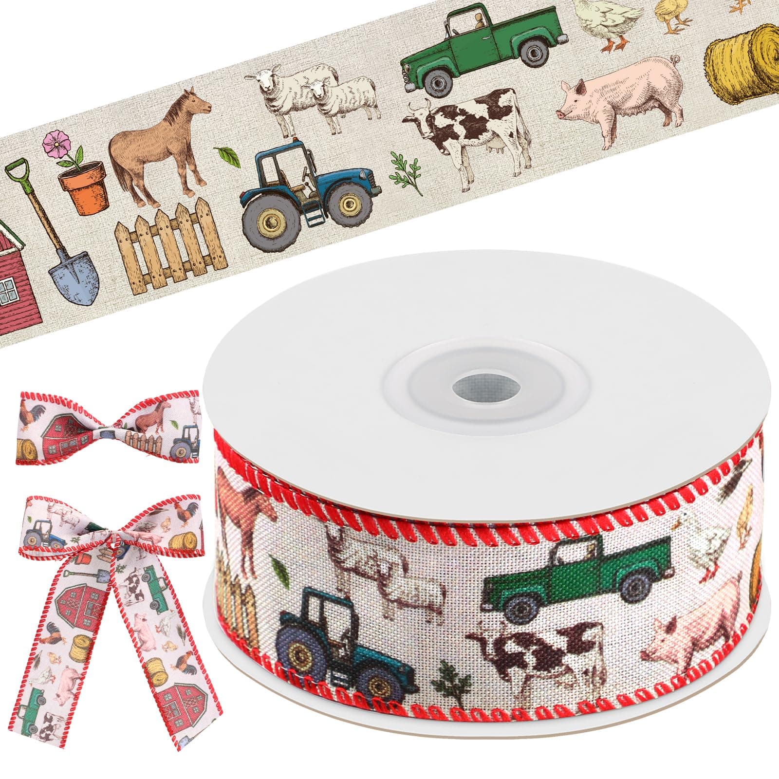 Rustic Farm Animal Wired Ribbon 1.5 Inch Cake Ribbon Barnyard Farm Cow Horse Sheep Truck Print Burlap Belt for Gifts Wrapping DIY Crafts Baby Shower Decor(Farm Animal)