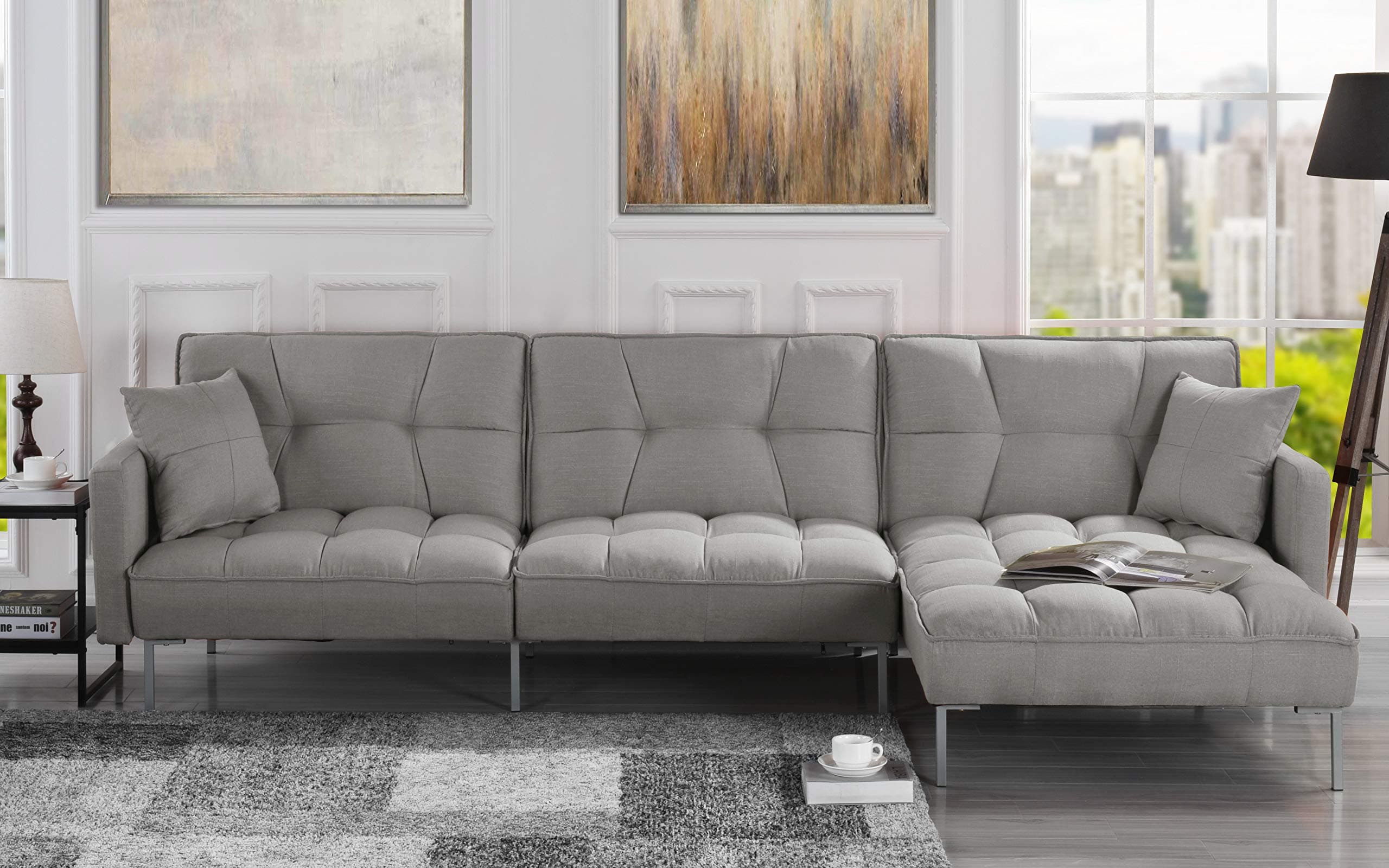 Modern Linen Fabric Futon Sectional Sofa, 110.6" W inches (Light Grey)