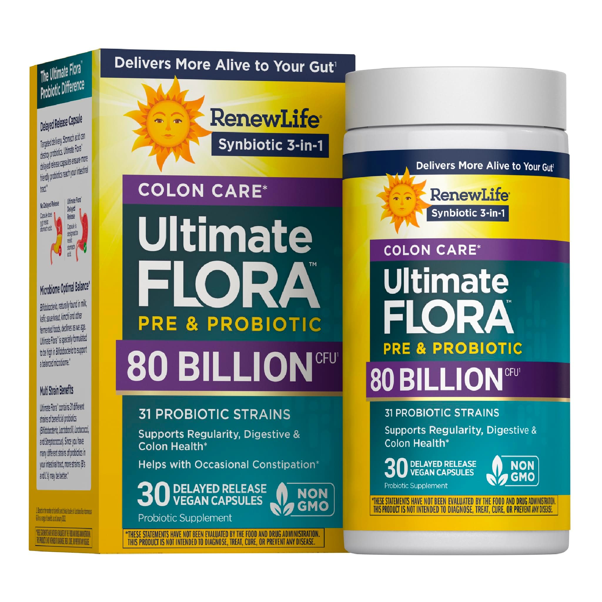 Adult Probiotic - Ultimate Flora Colon Care Probiotic Supplement - Shelf Stable, Gluten, Dairy & Soy Free - 80 Billion CFU - 30 Vegetarian Capsules