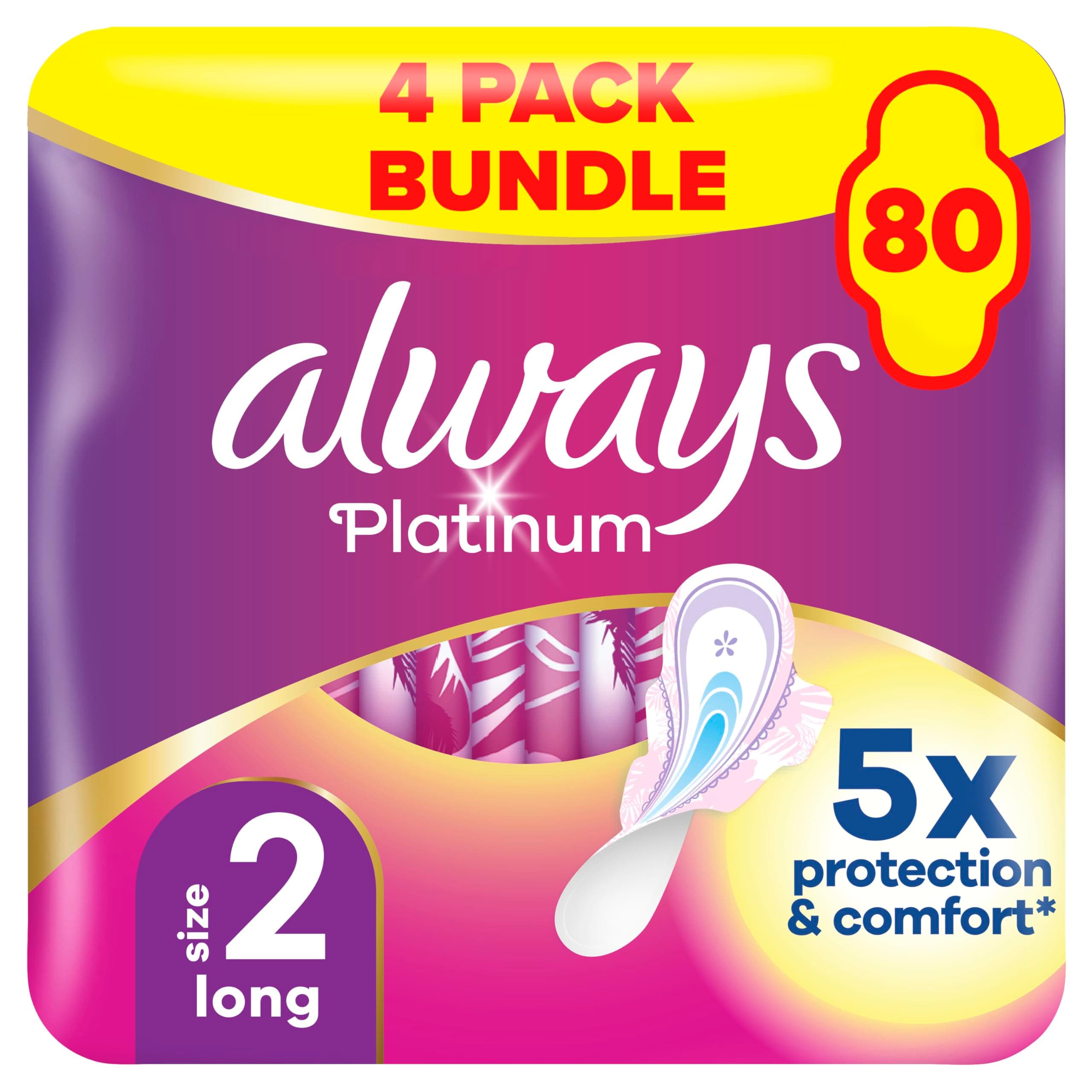 Platinum Sanitary Towels with Wings, Size 2, Long, 80 Towels (20 x 4 Packs), BIG PACK, Odour Neutraliser, 5x Comfort