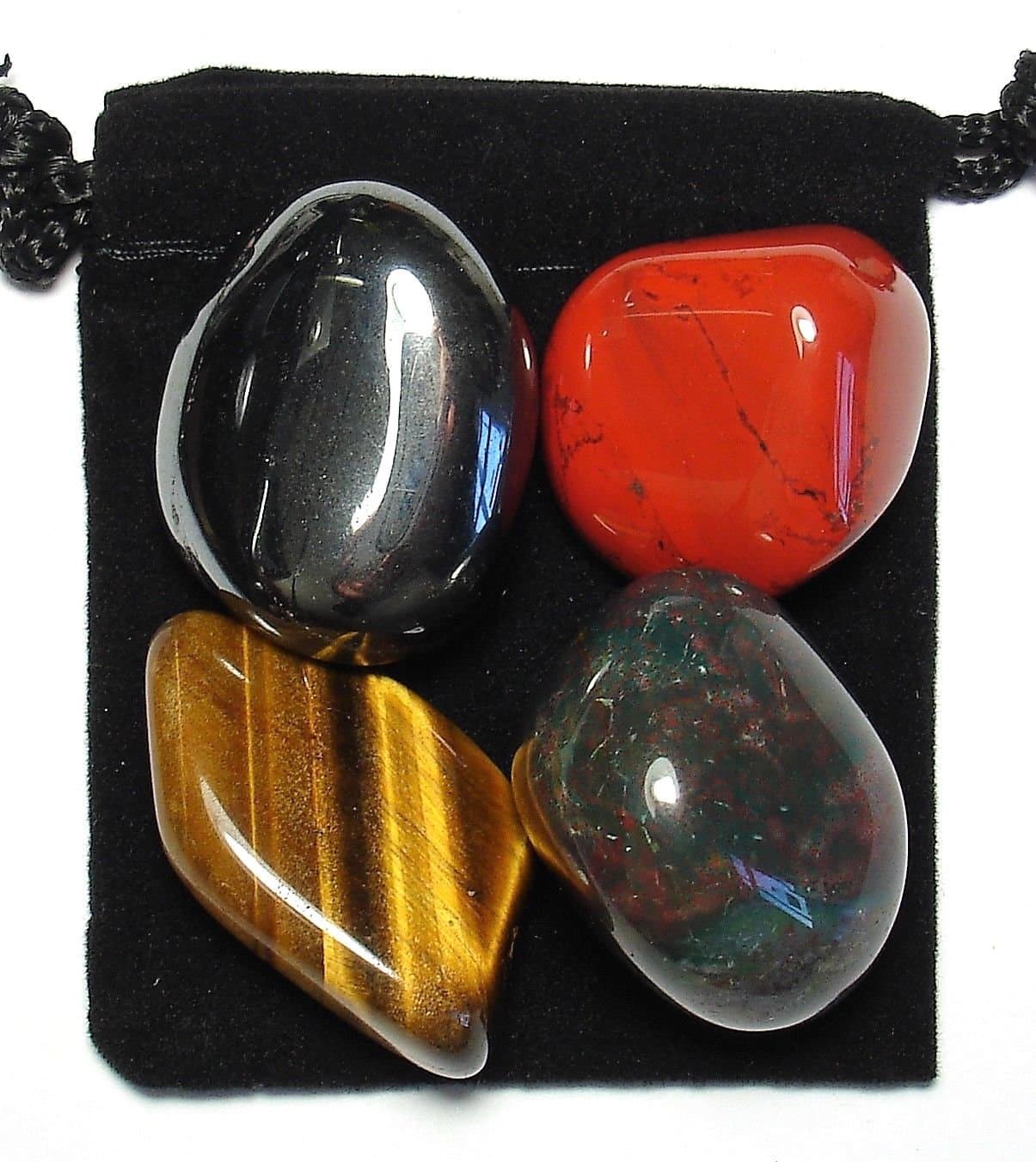 MANIFEST PROTECTION - Professionally Selected Tumbled Crystal Healing Set with Pouch & Description Card - Bloodstone, Hematite, Jasper, & Tiger's Eye Genuine Gemstones