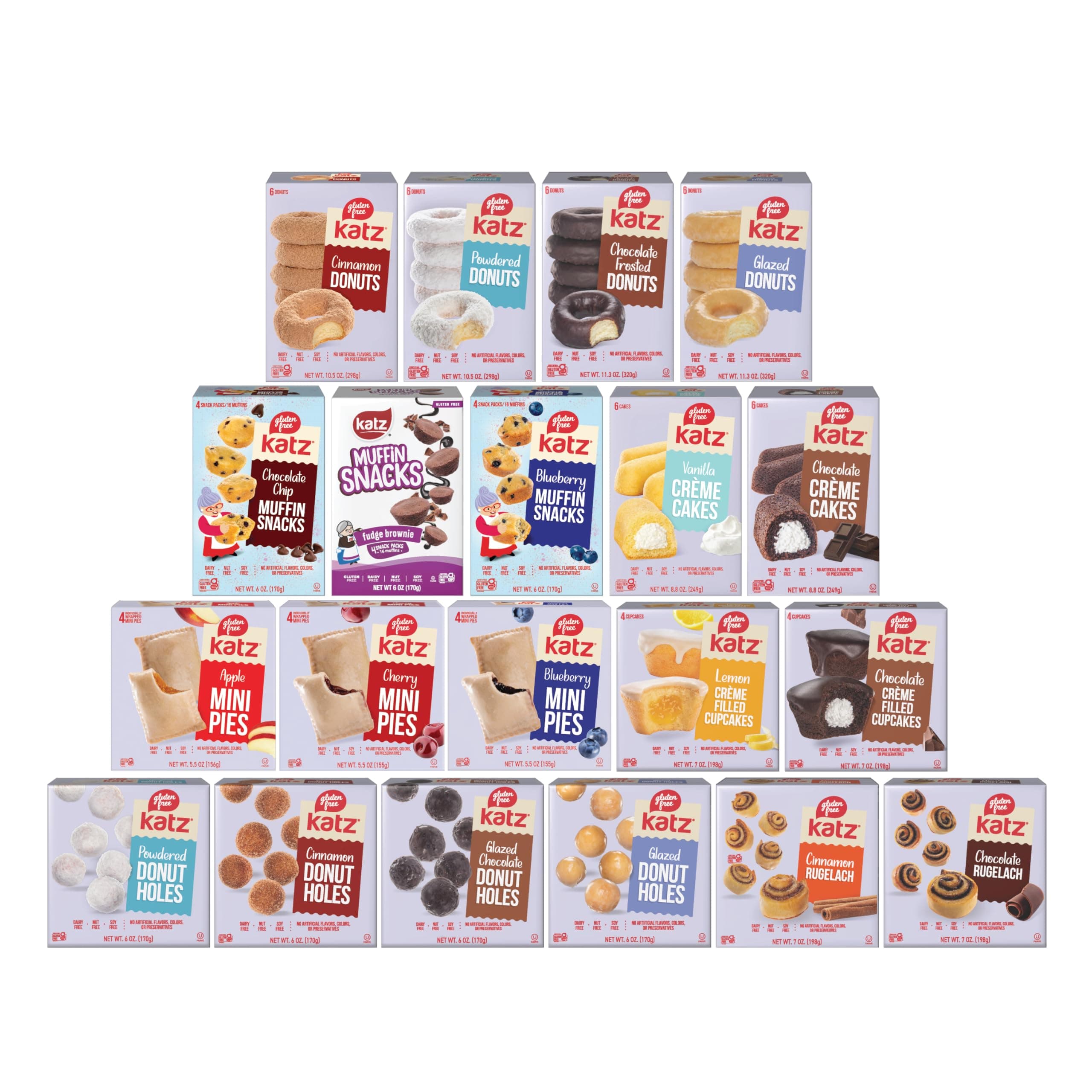 Top 20 Best Sellers Variety Pack. Donuts, Donut Holes, Mini Pies, Crème Cakes, Muffin Snacks, Cupcakes. Free of Soy, Sesame, Dairy, and Nut. Kosher snack.