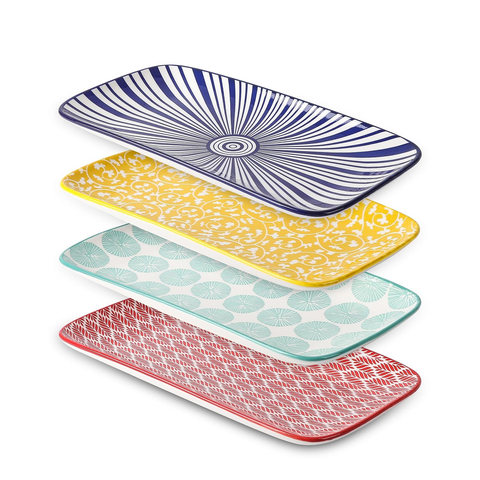 Selamica Ceramic Rectangular Serving Platters Set of 4, 12 Inch Serving Trays/Dishes for Party Entertaining, Rectangular Dinner Plates for Appetizer Salad Dessert Sushi, Assorted Colors