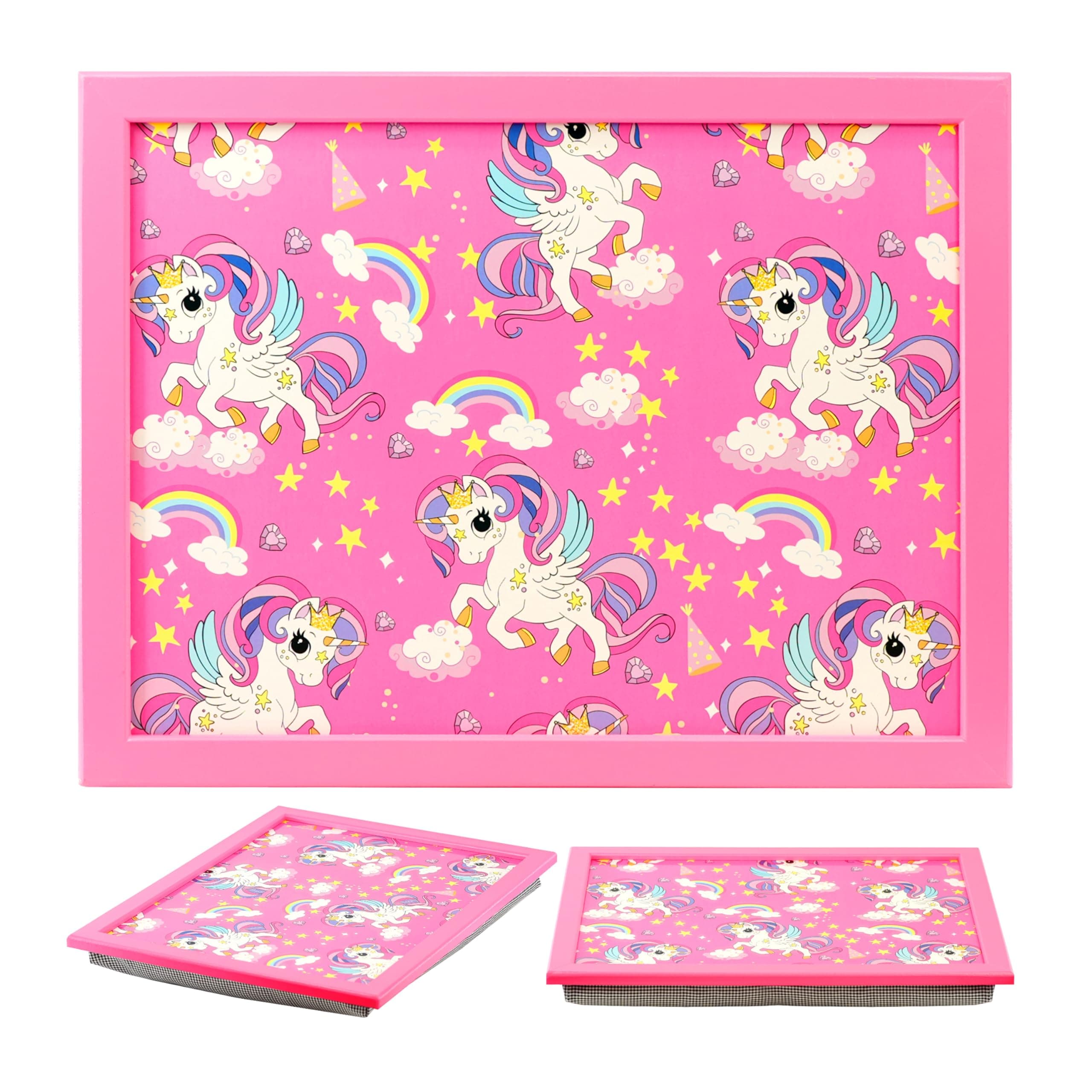 The Magic Toy Shop Wooden Lap Trays with Bean Bag Cushion - Rainbow Unicorns Design - Large Padded Tray for Kids - Suitable for Food, Art, Studies, TV, Sofa, Bed - Fantastic Gift for Girls and Boys