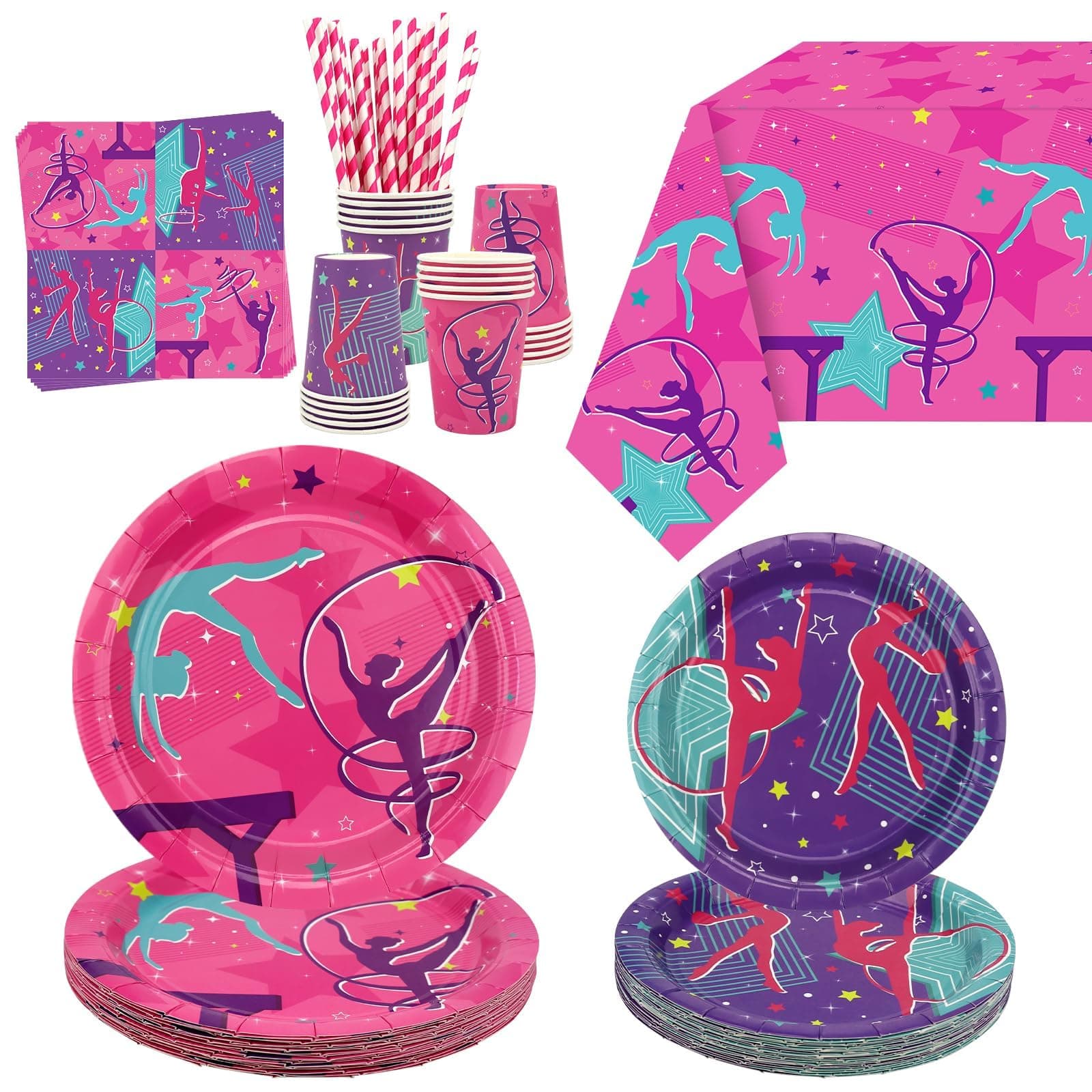 Gymnastics Birthday Party Decorations - Gymnastics Theme Party Supplies for Your Little Dance Gymnasts with Gymnastics Tablecloth, Plates, Napkins, Tableware, Serves 20
