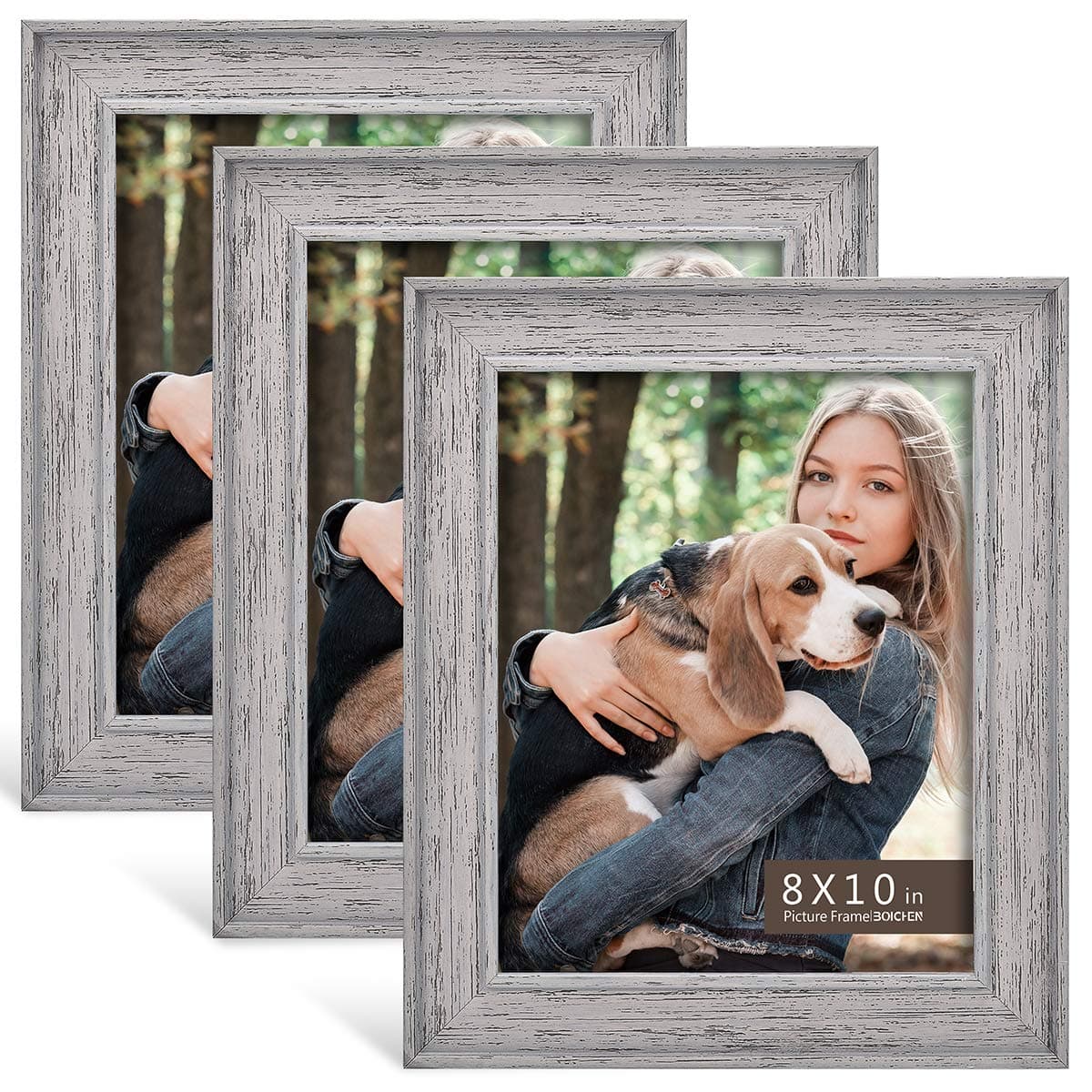 8x10 Picture Frame (3-Pack) - Rustic Farmhouse Gray Washed Distressed Frame - Photo Frame Set for Wall with Glass Cover Rotatable Backing Ready to Hang or Stand